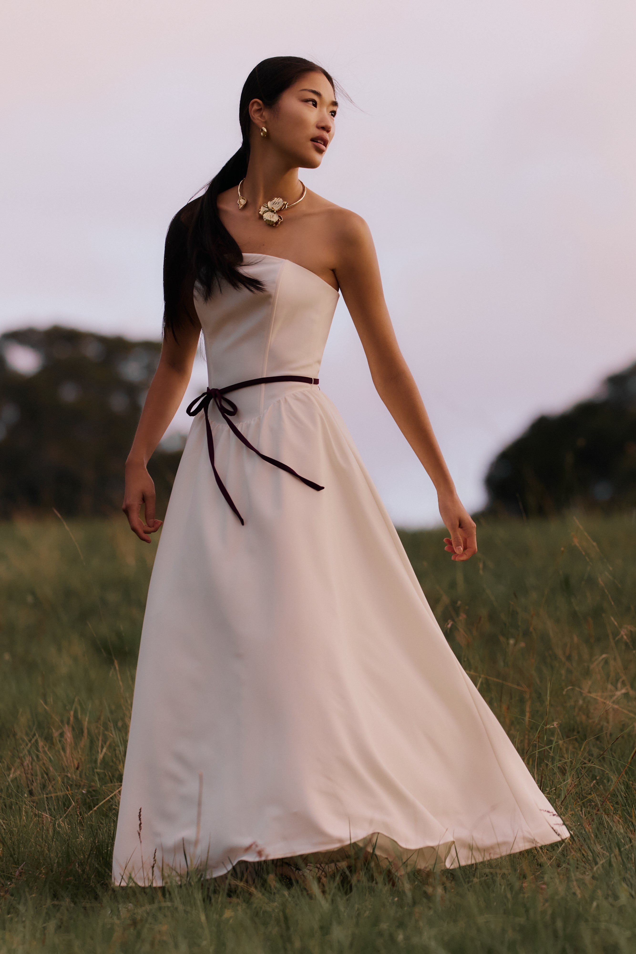 Strapless Midi Dress with Waist Belt | Penny Ivory & Burgundy
