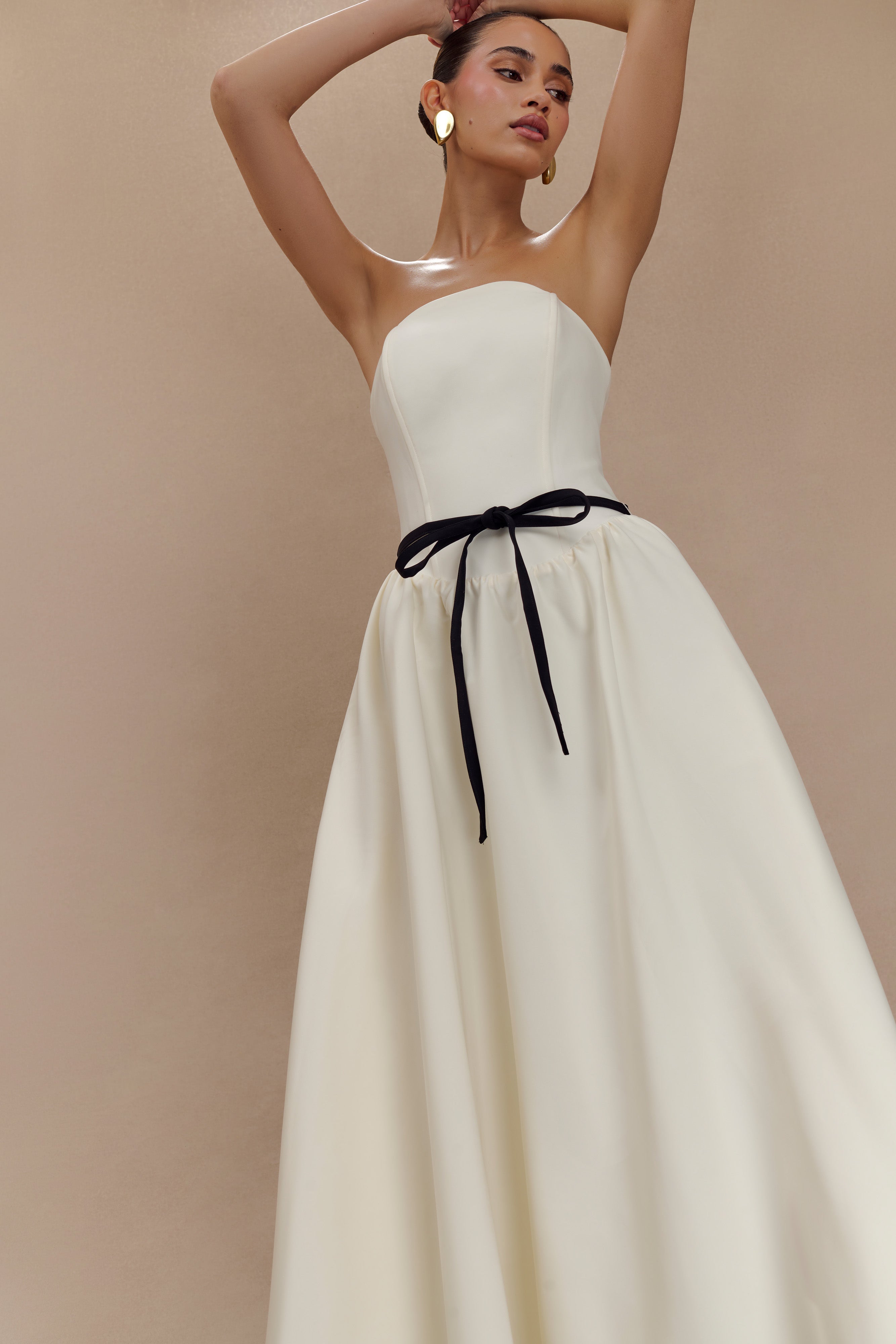 Strapless Midi Dress with Waist Belt | Penny Ivory & Burgundy