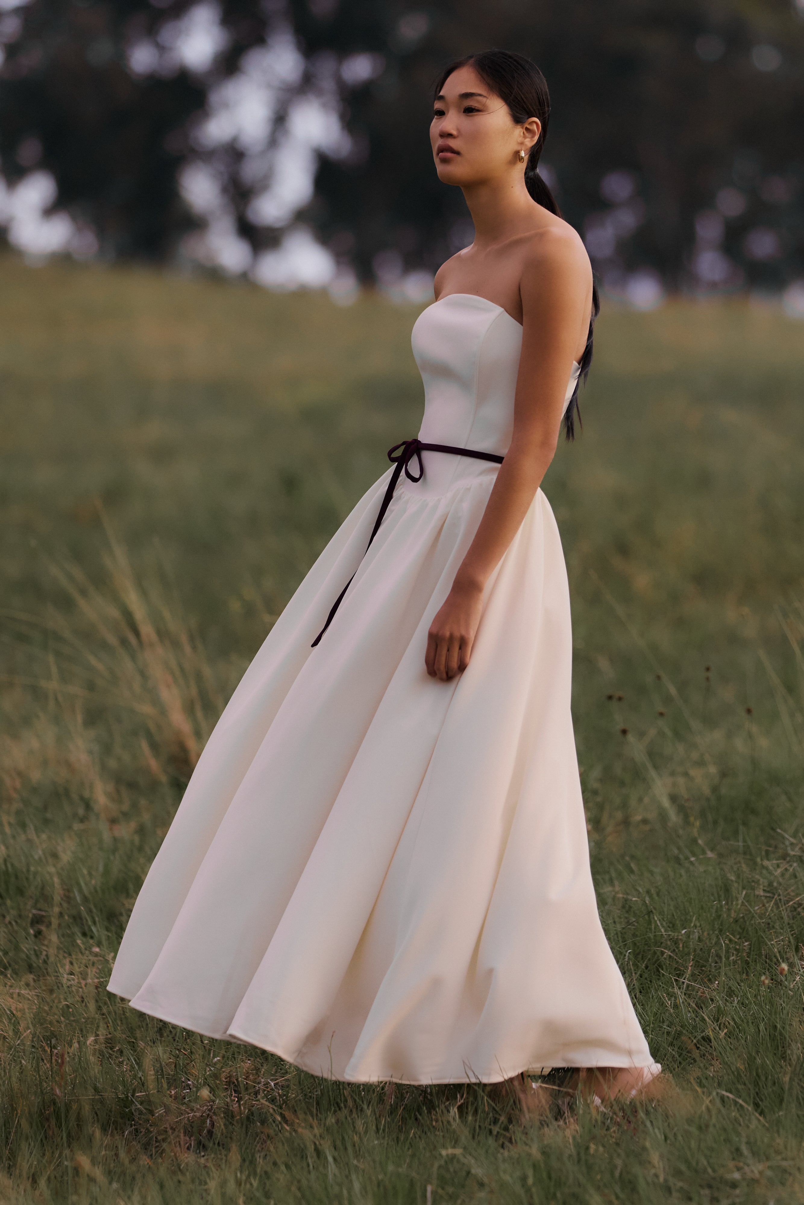Strapless Midi Dress with Waist Belt | Penny Ivory & Burgundy