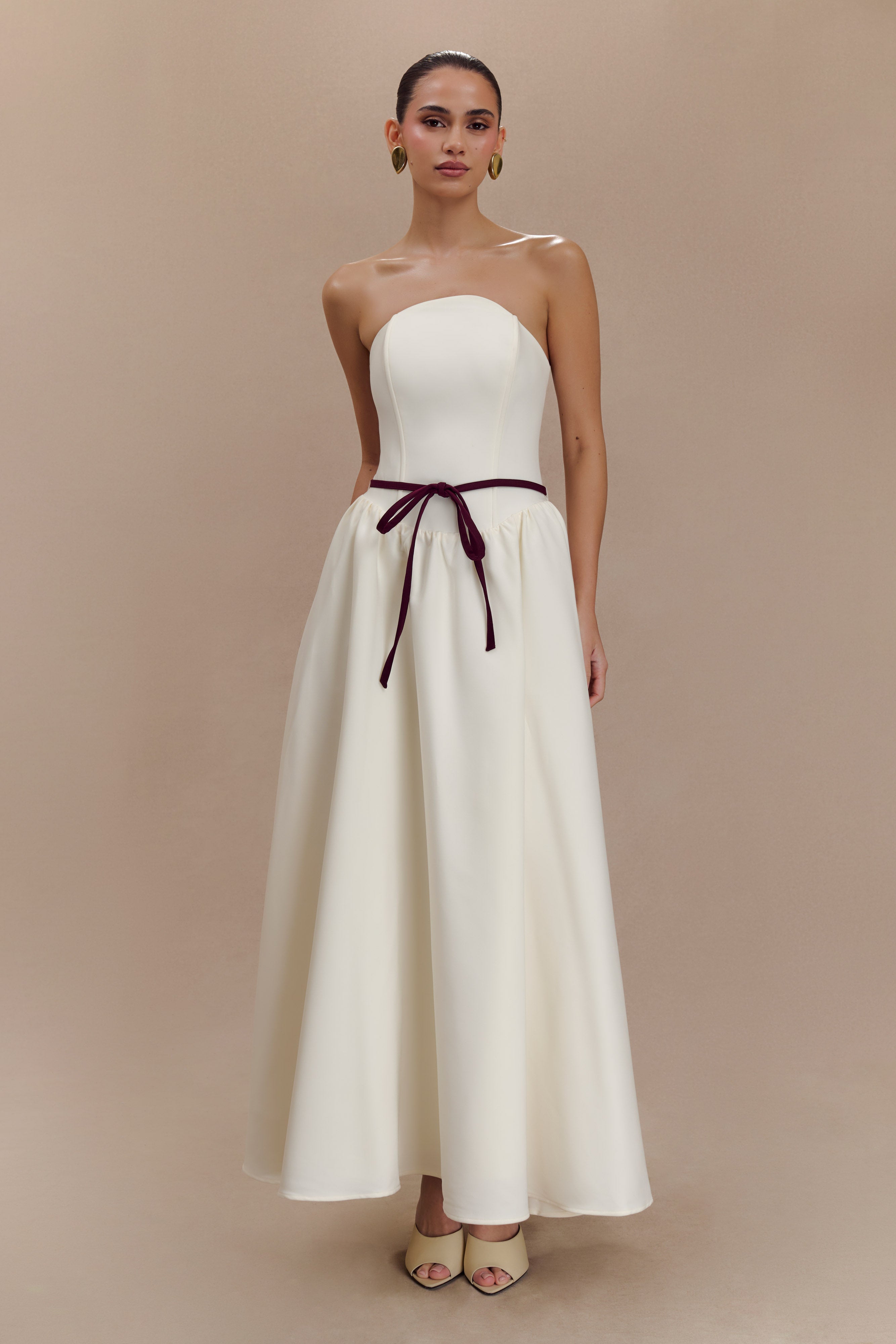 Strapless Midi Dress with Waist Belt | Penny Ivory & Burgundy