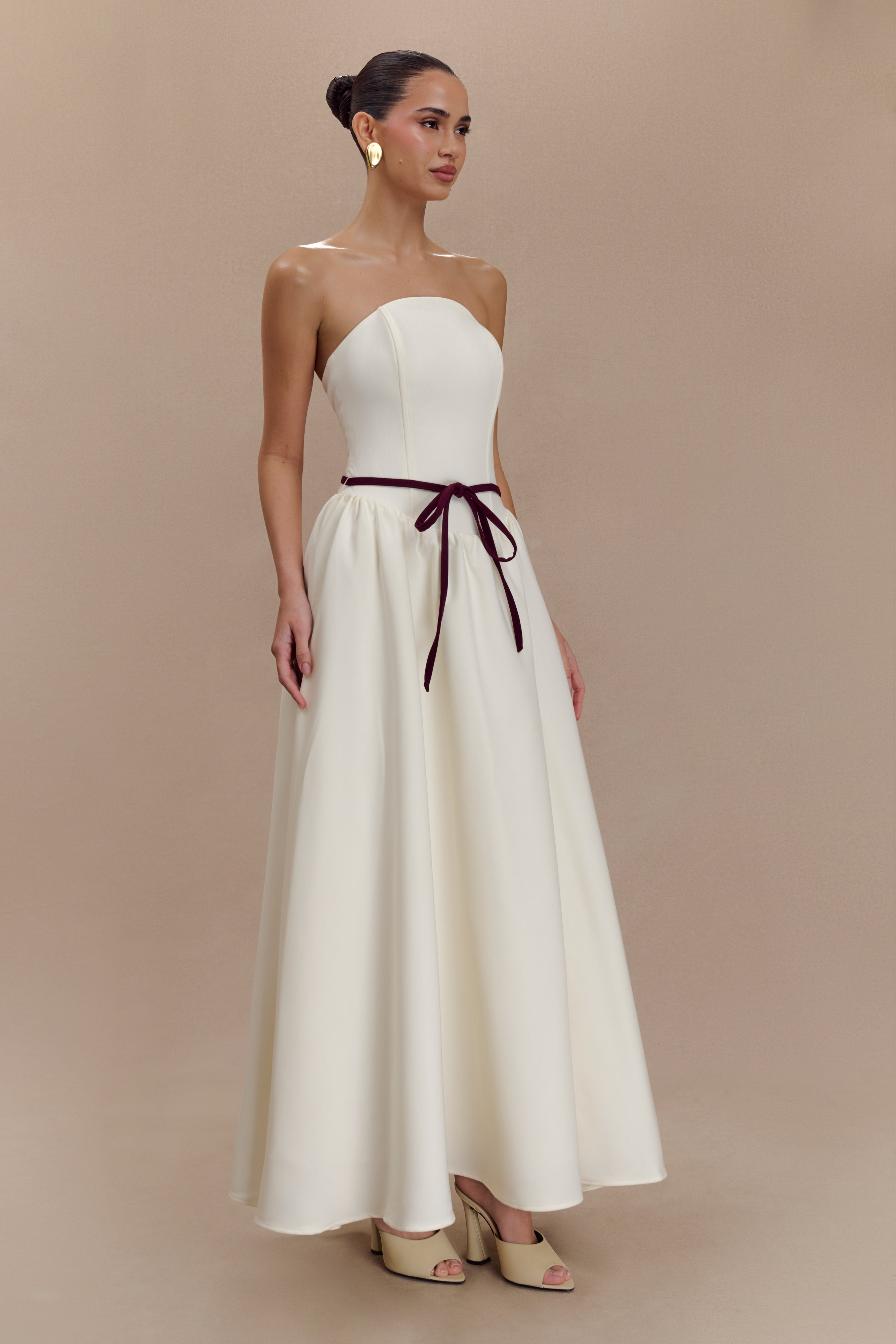 Strapless Midi Dress with Waist Belt | Penny Ivory & Burgundy