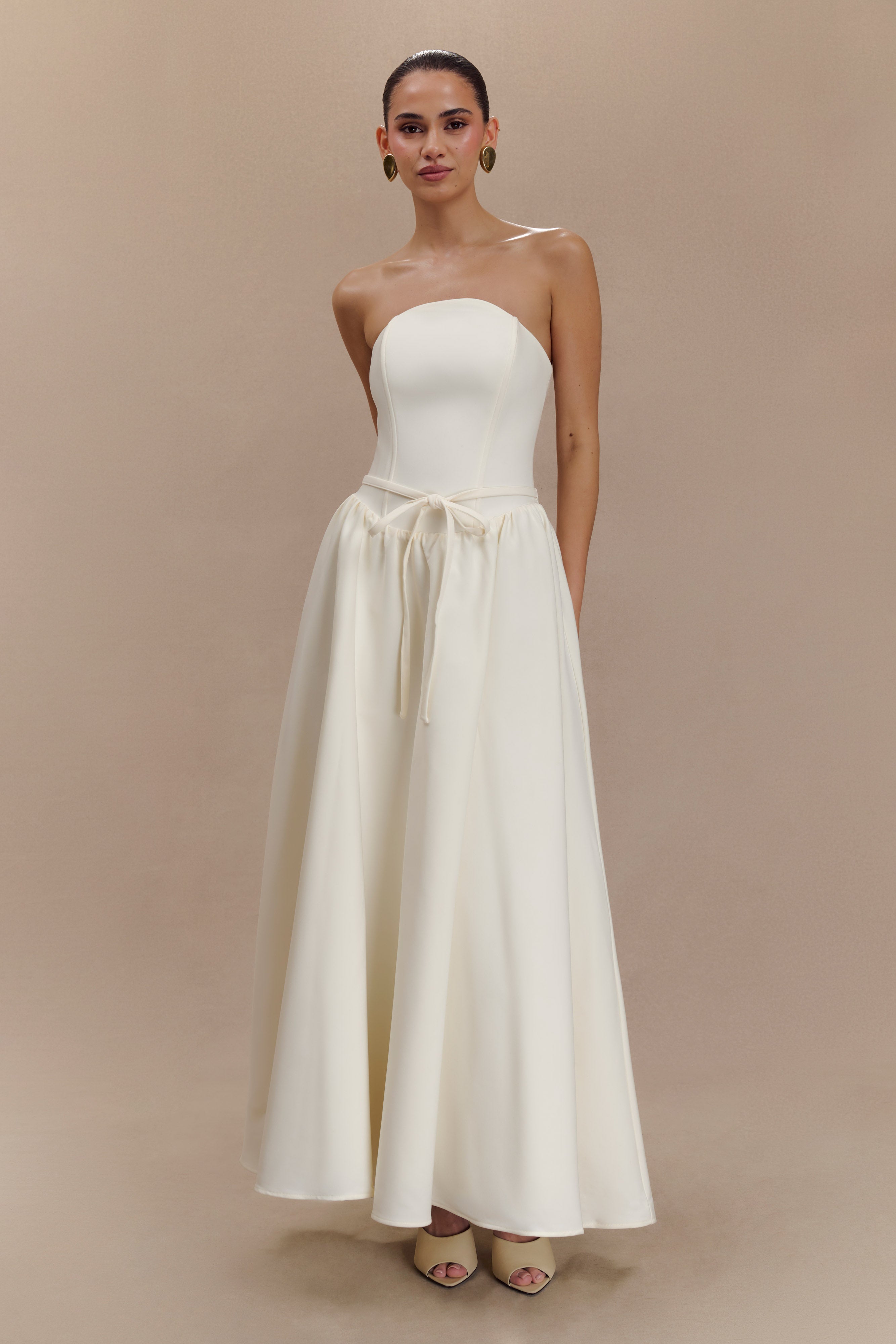 Strapless Midi Dress with Waist Belt | Penny Ivory & Burgundy