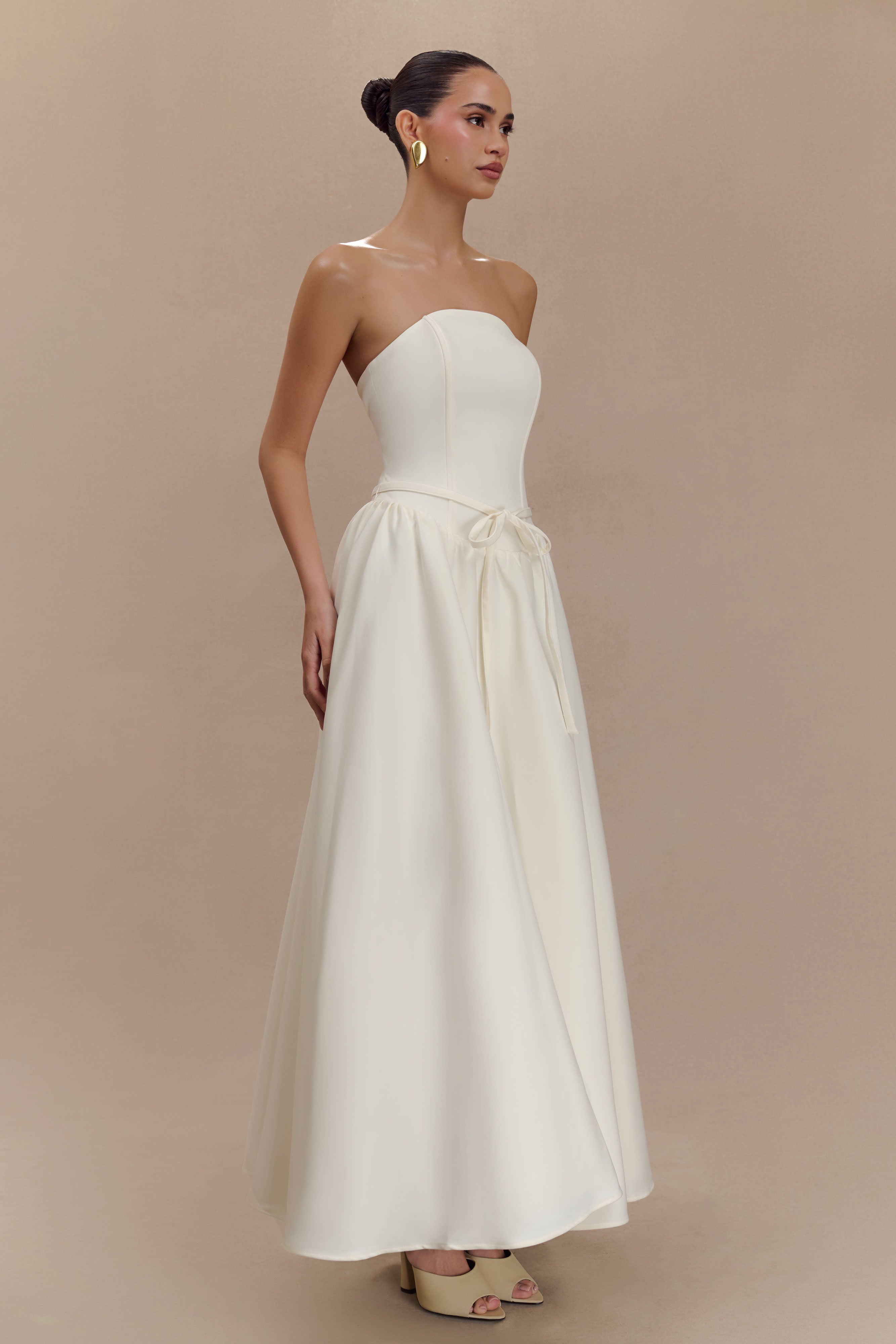 Strapless Midi Dress with Waist Belt | Penny Ivory & Burgundy