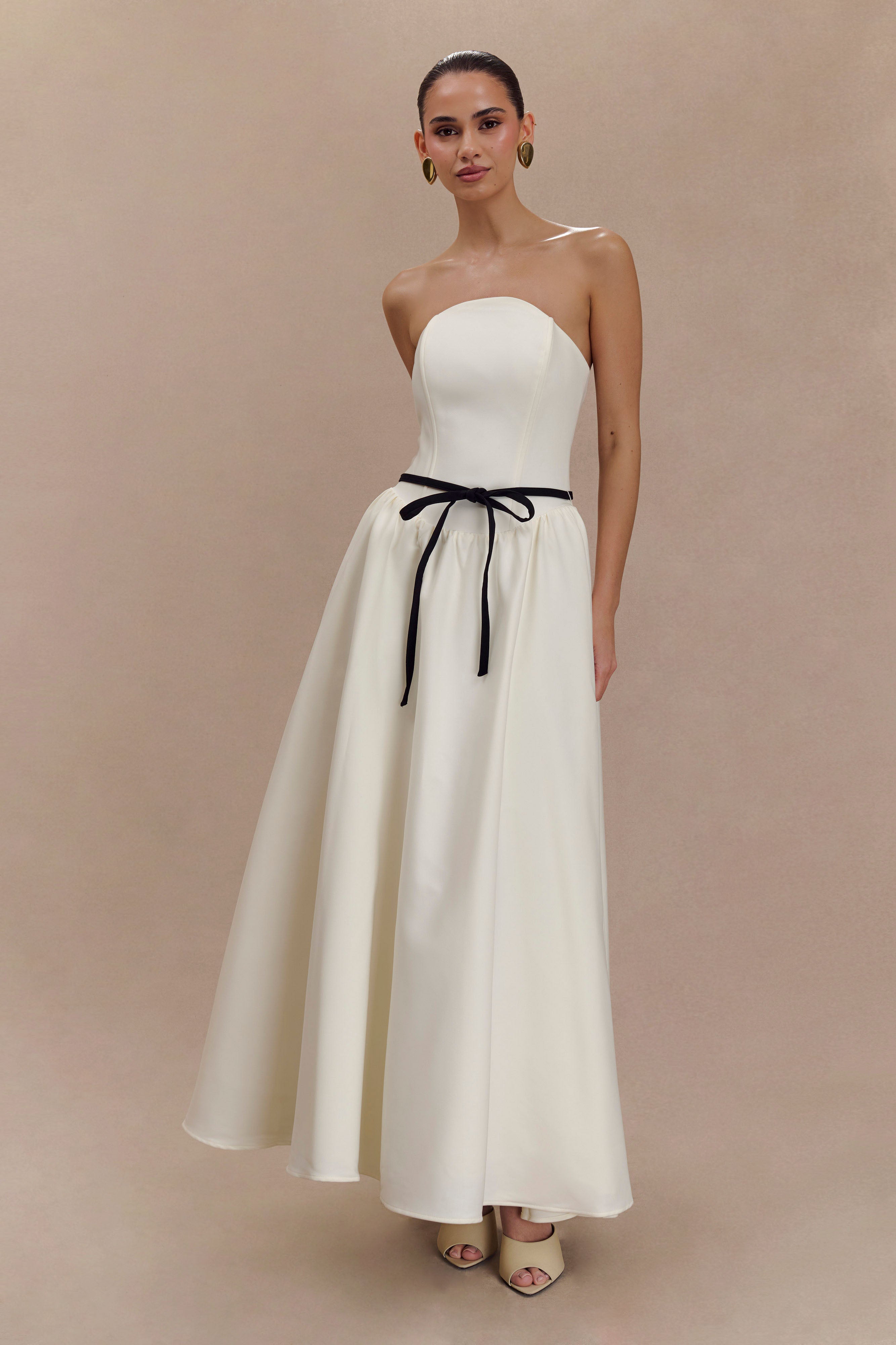 Strapless Midi Dress with Waist Belt | Penny Ivory & Burgundy