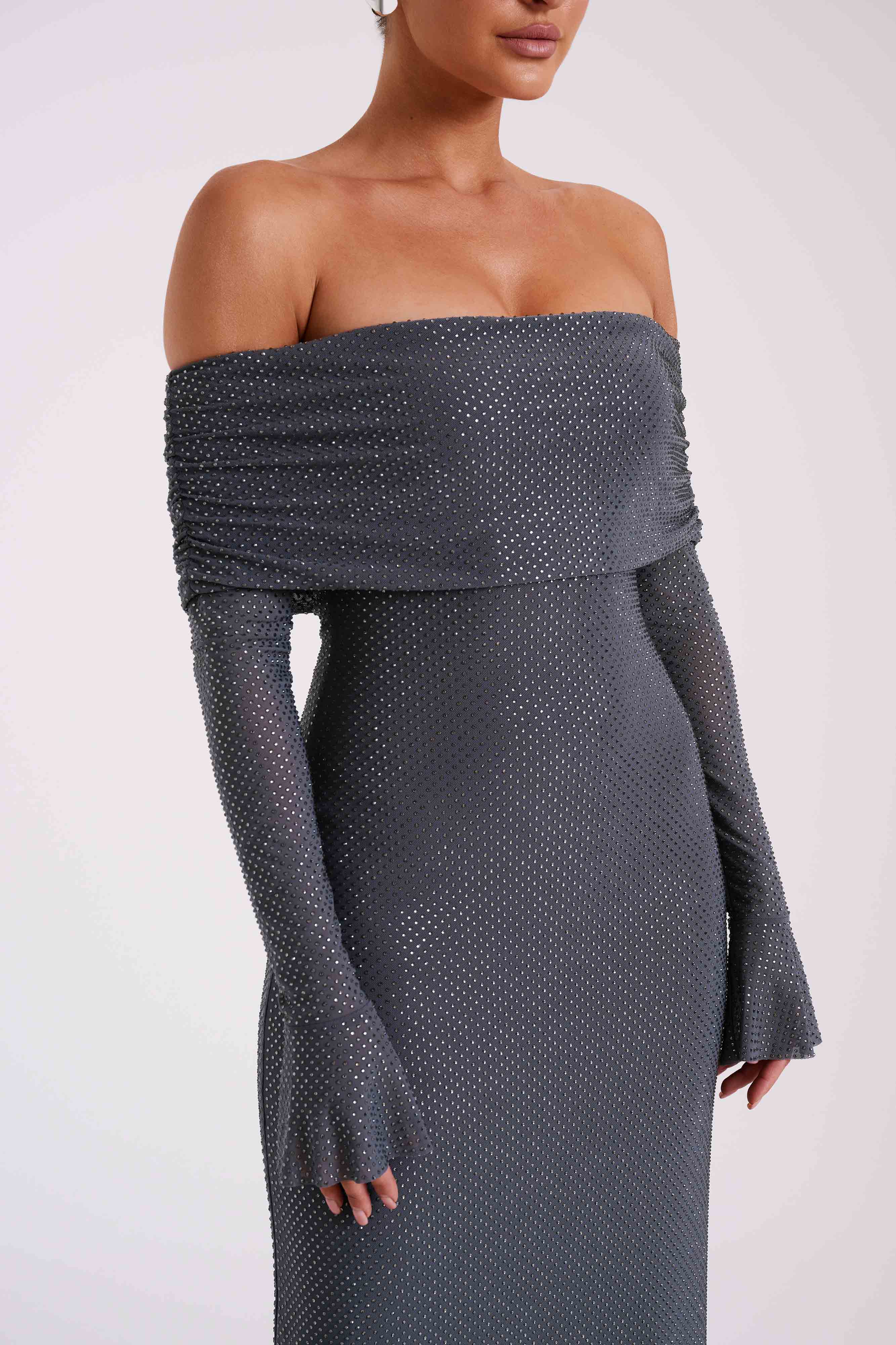 Off Shoulder Maxi Dress with Rhinestones & Long Sleeves | Marcel