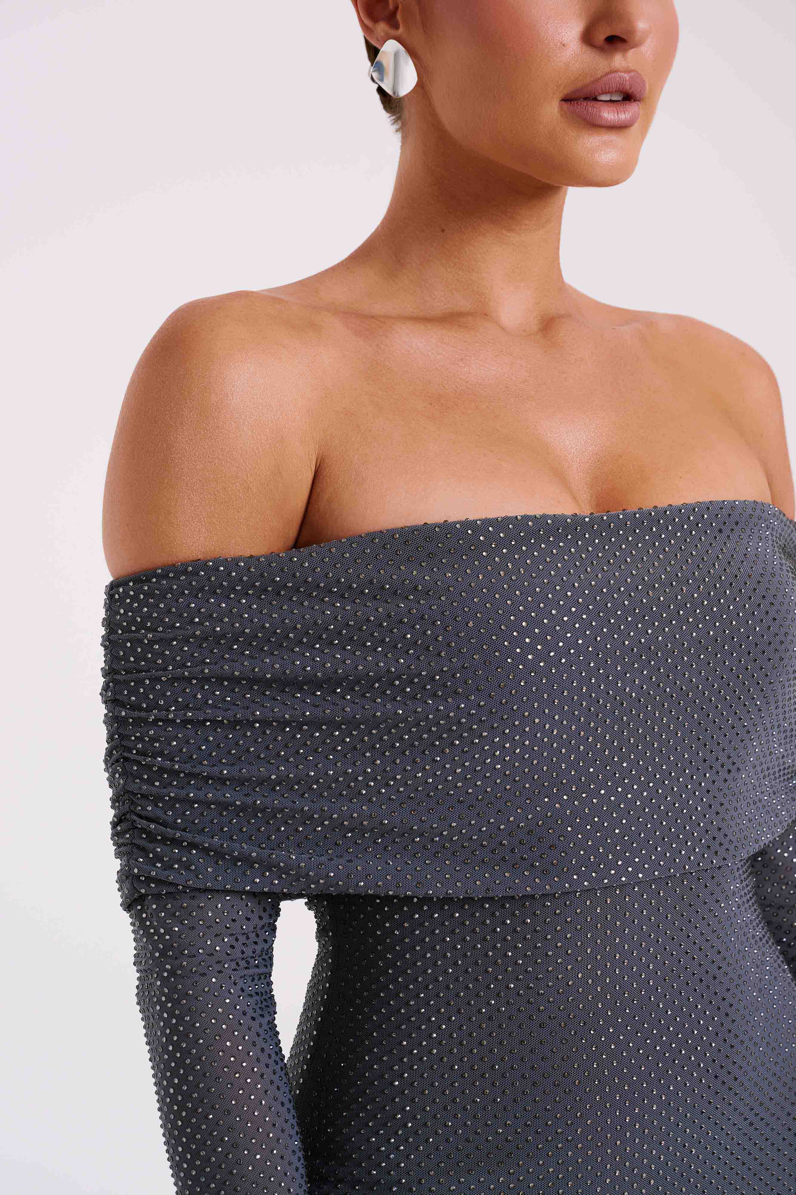 Off Shoulder Maxi Dress with Rhinestones & Long Sleeves | Marcel