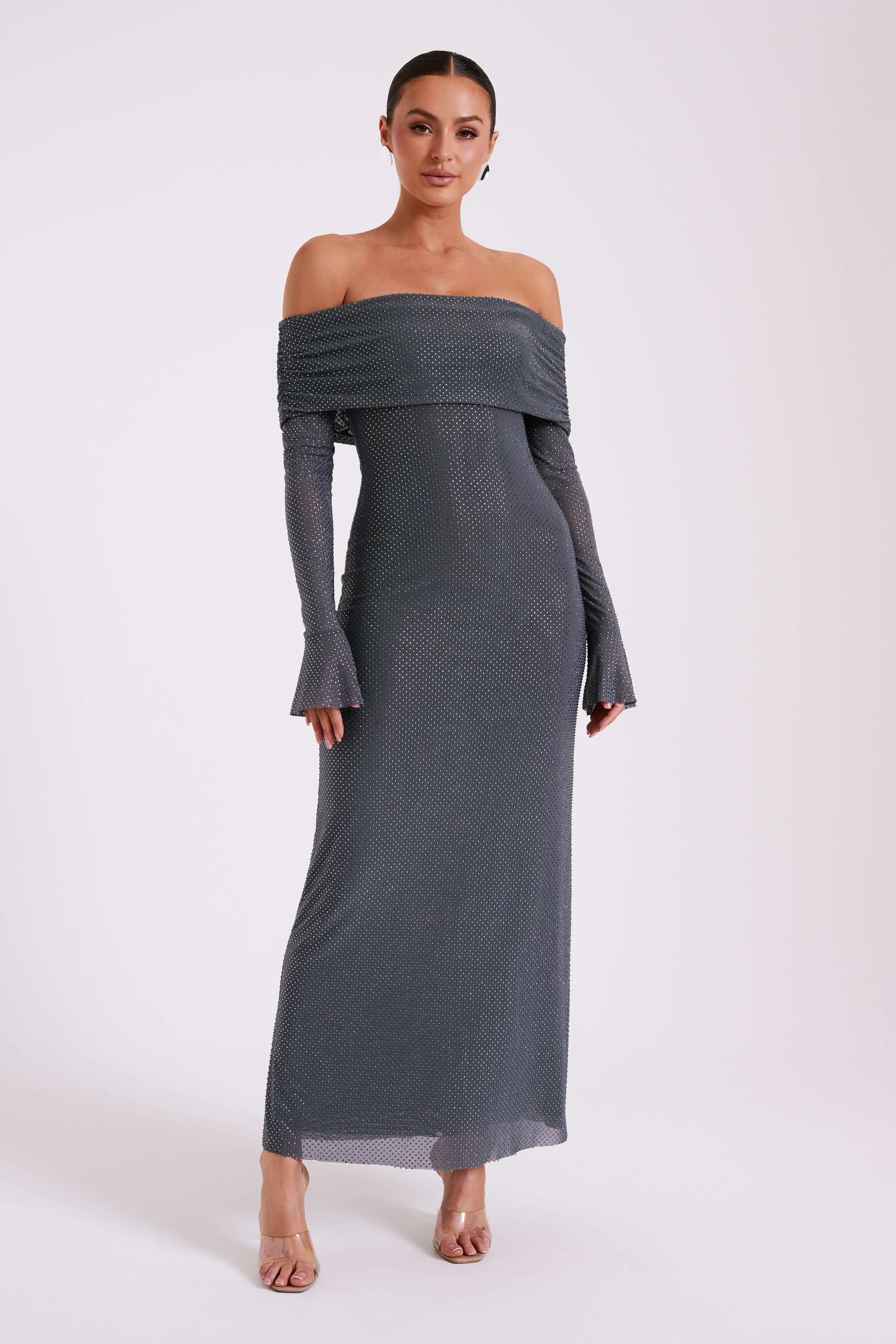 Off Shoulder Maxi Dress with Rhinestones & Long Sleeves | Marcel