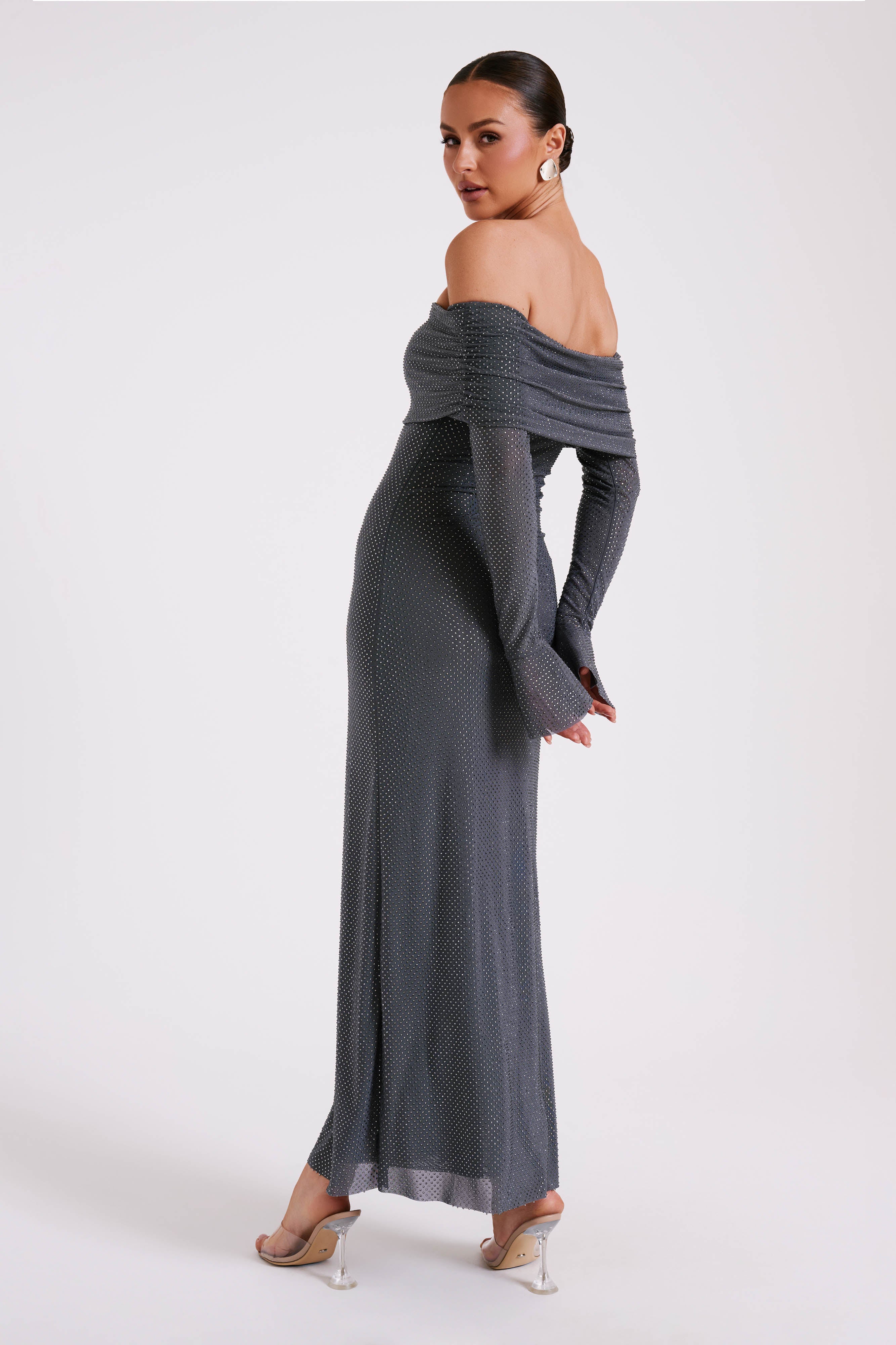 Off Shoulder Maxi Dress with Rhinestones & Long Sleeves | Marcel