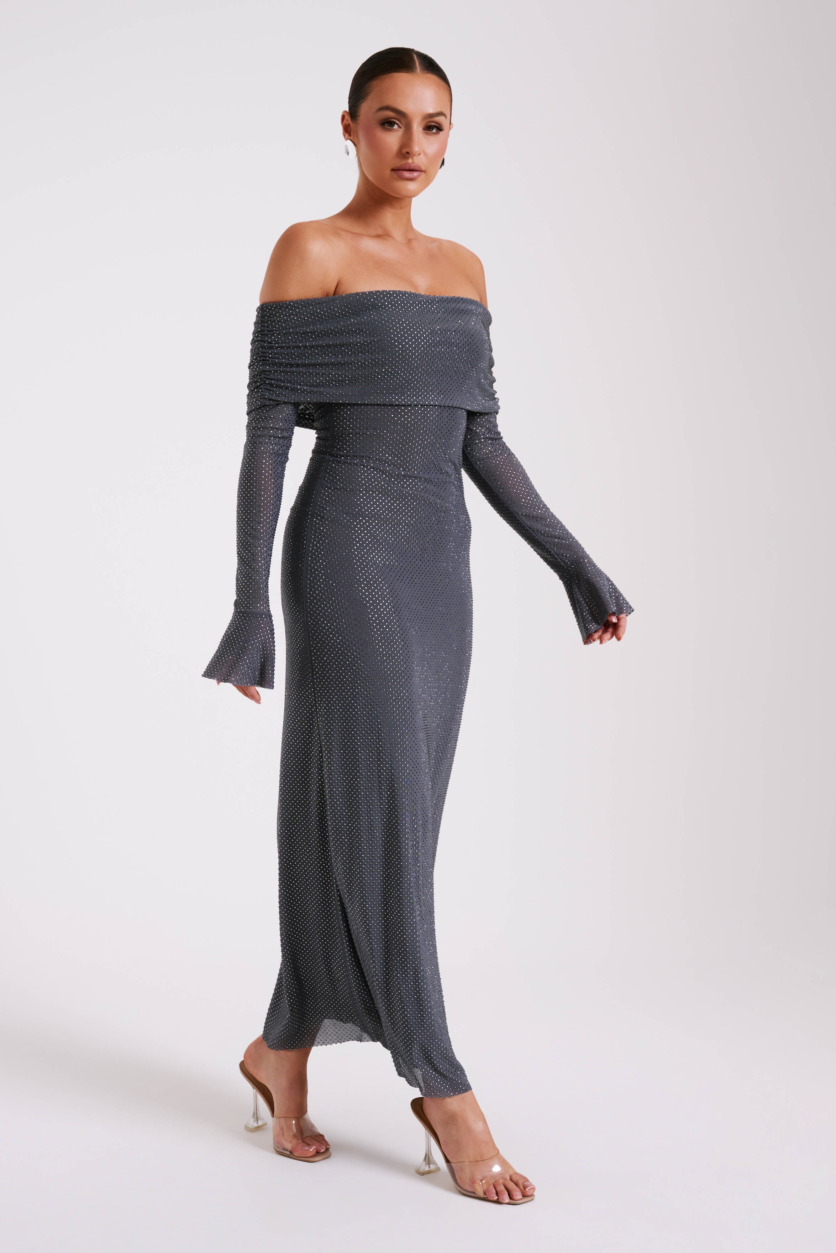 Off Shoulder Maxi Dress with Rhinestones & Long Sleeves | Marcel