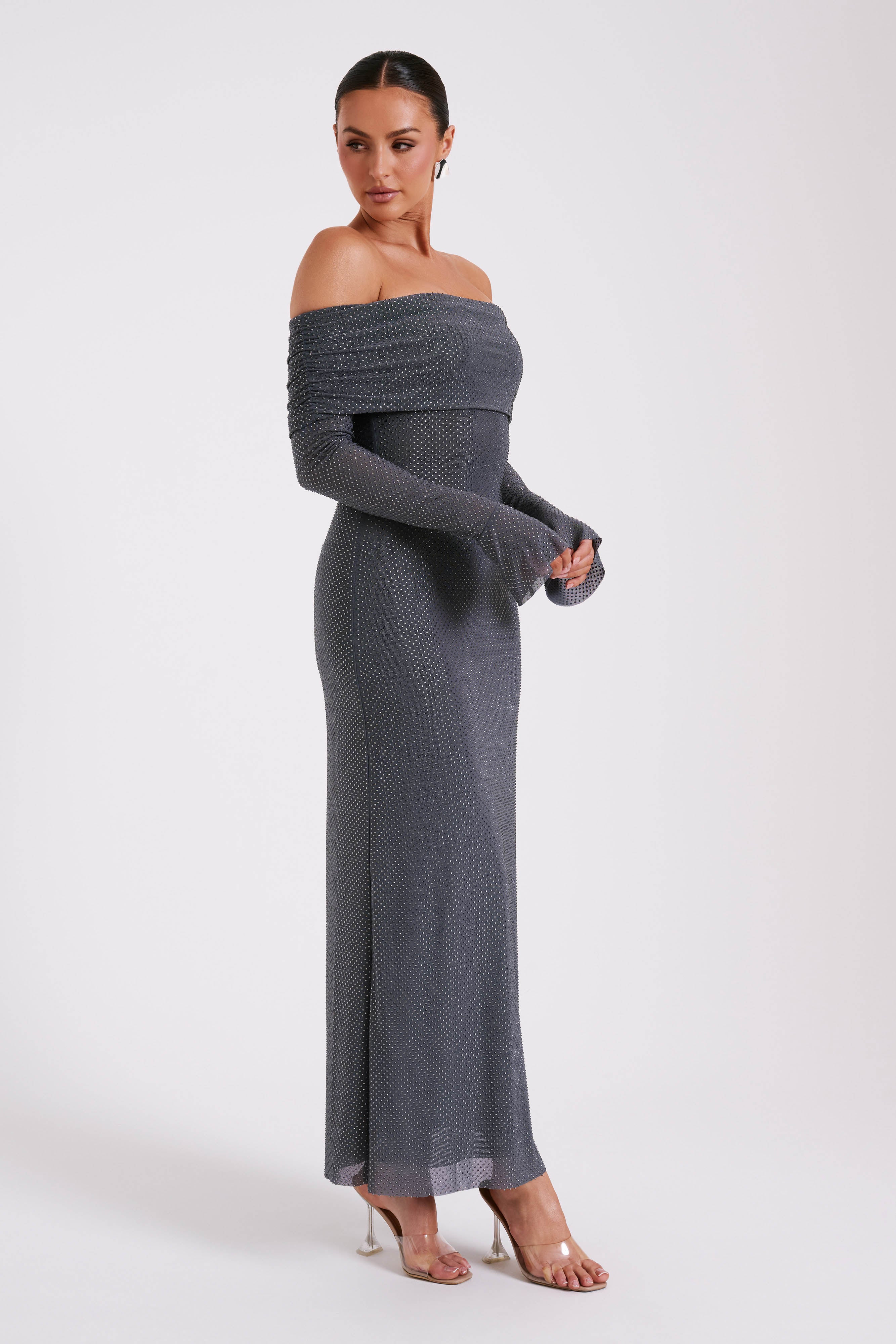 Off Shoulder Maxi Dress with Rhinestones & Long Sleeves | Marcel