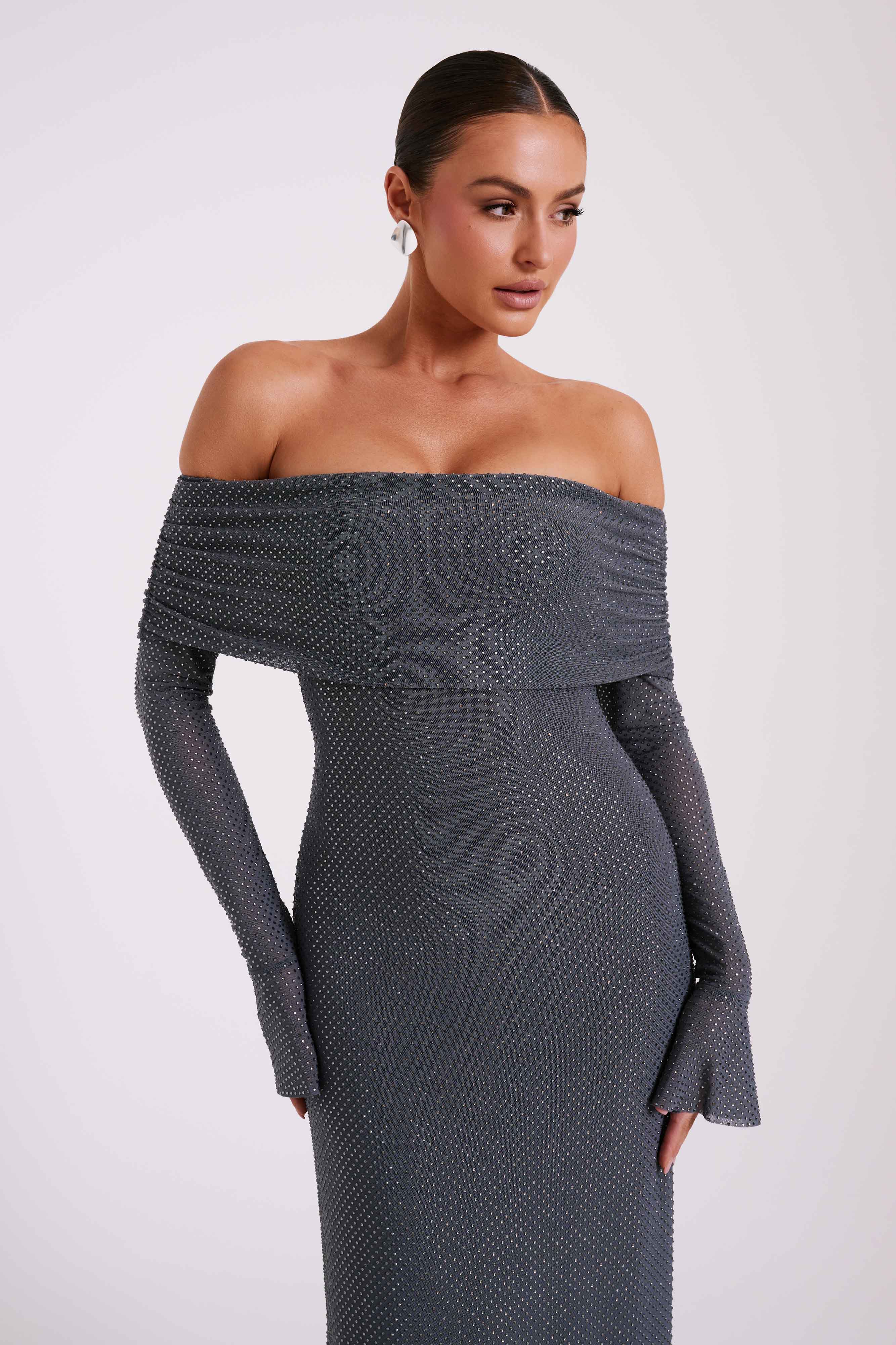 Off Shoulder Maxi Dress with Rhinestones & Long Sleeves | Marcel