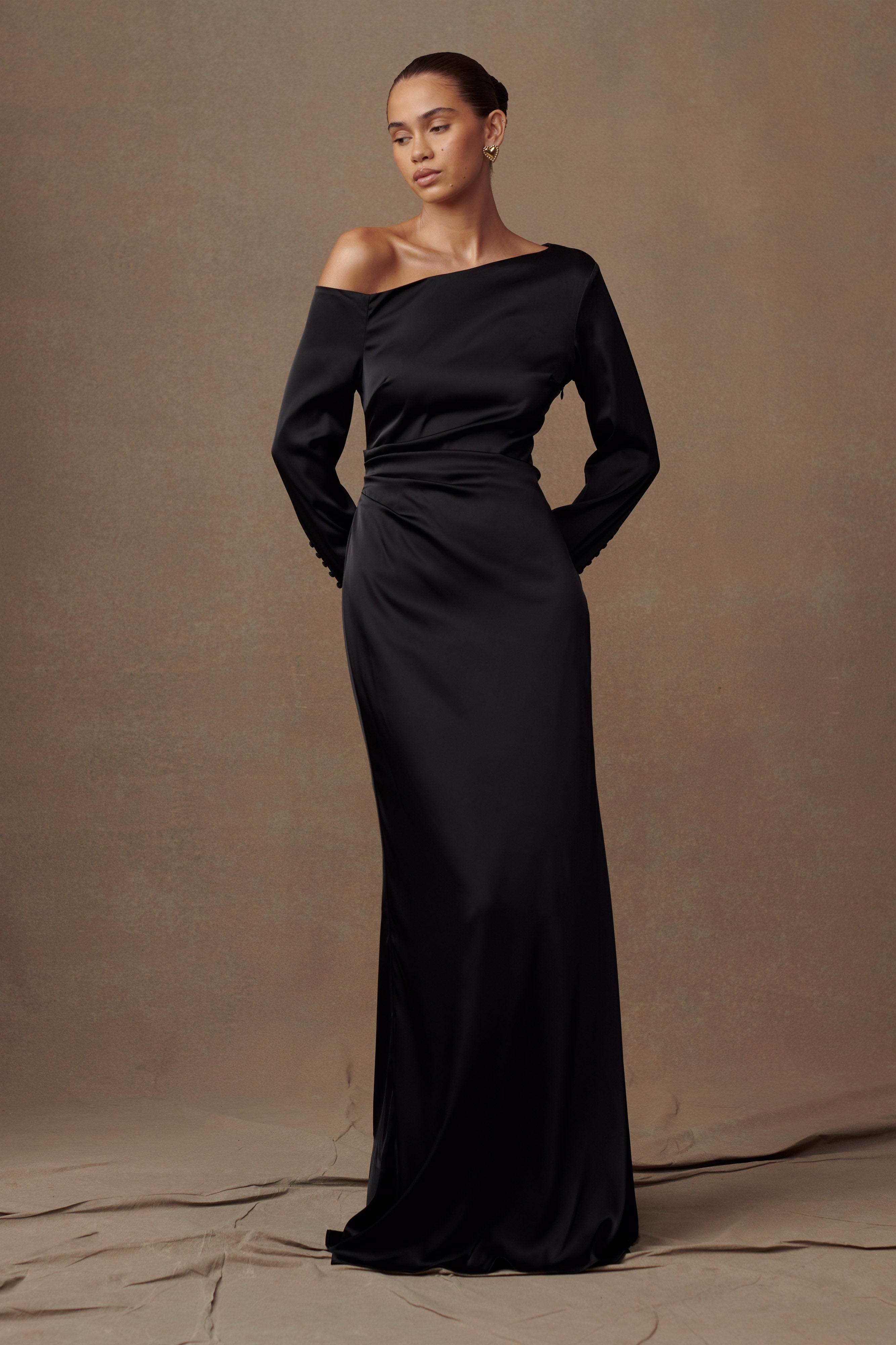 Elegant Long Sleeve Maxi Dress with Asymmetrical Neckline | Avery