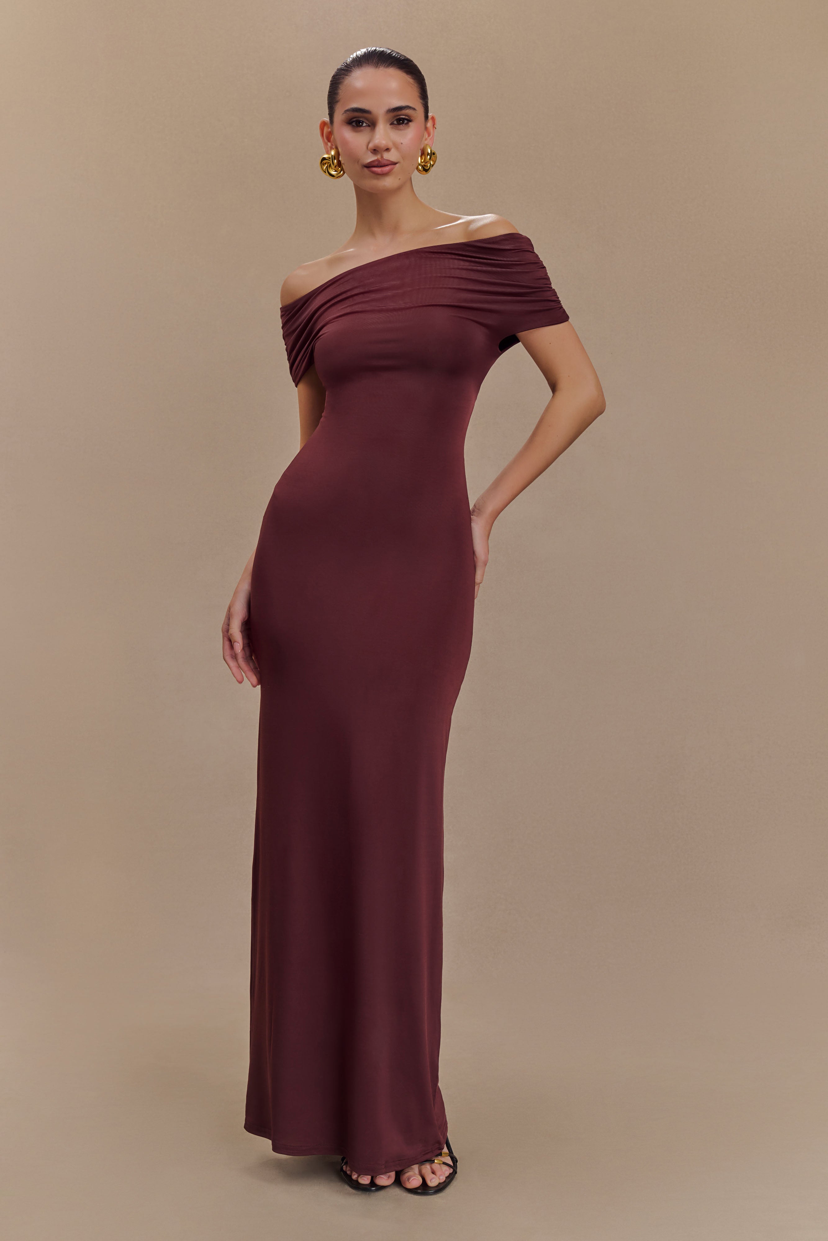 Off Shoulder Slinky Maxi Dress with Bardot Neckline | Imogen