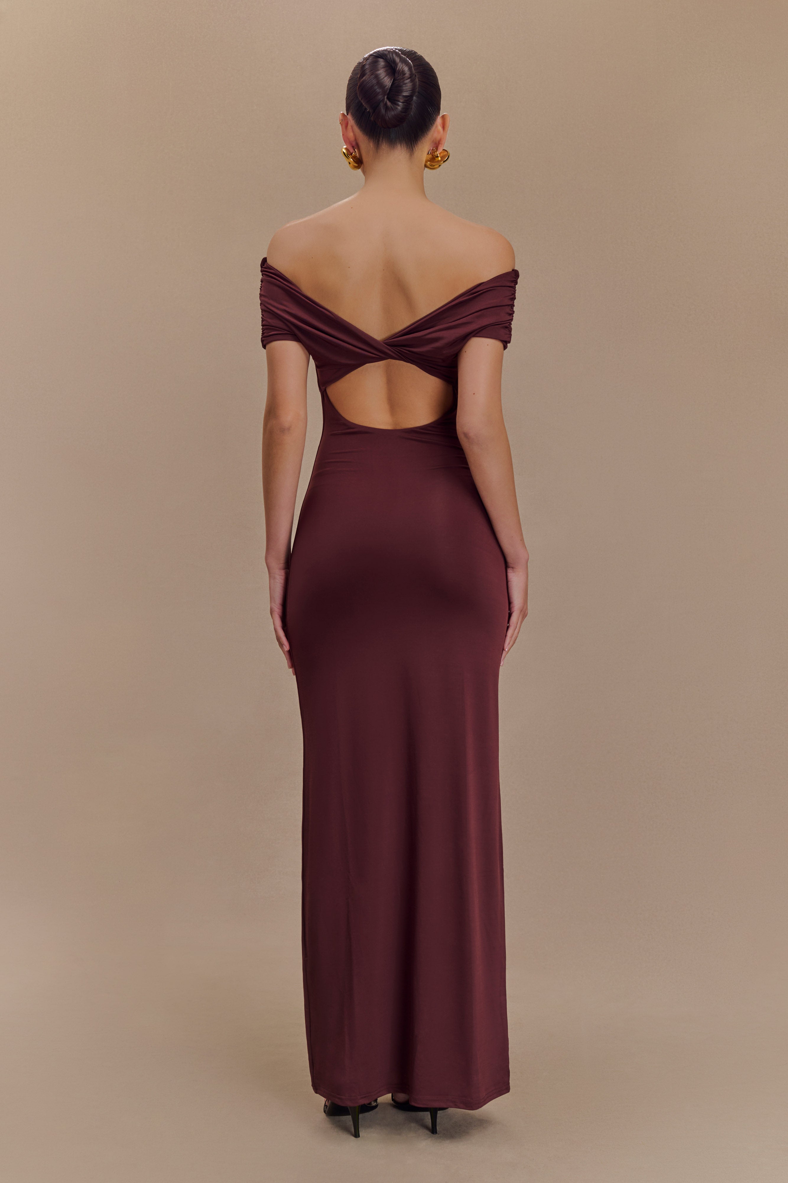 Off Shoulder Slinky Maxi Dress with Bardot Neckline | Imogen