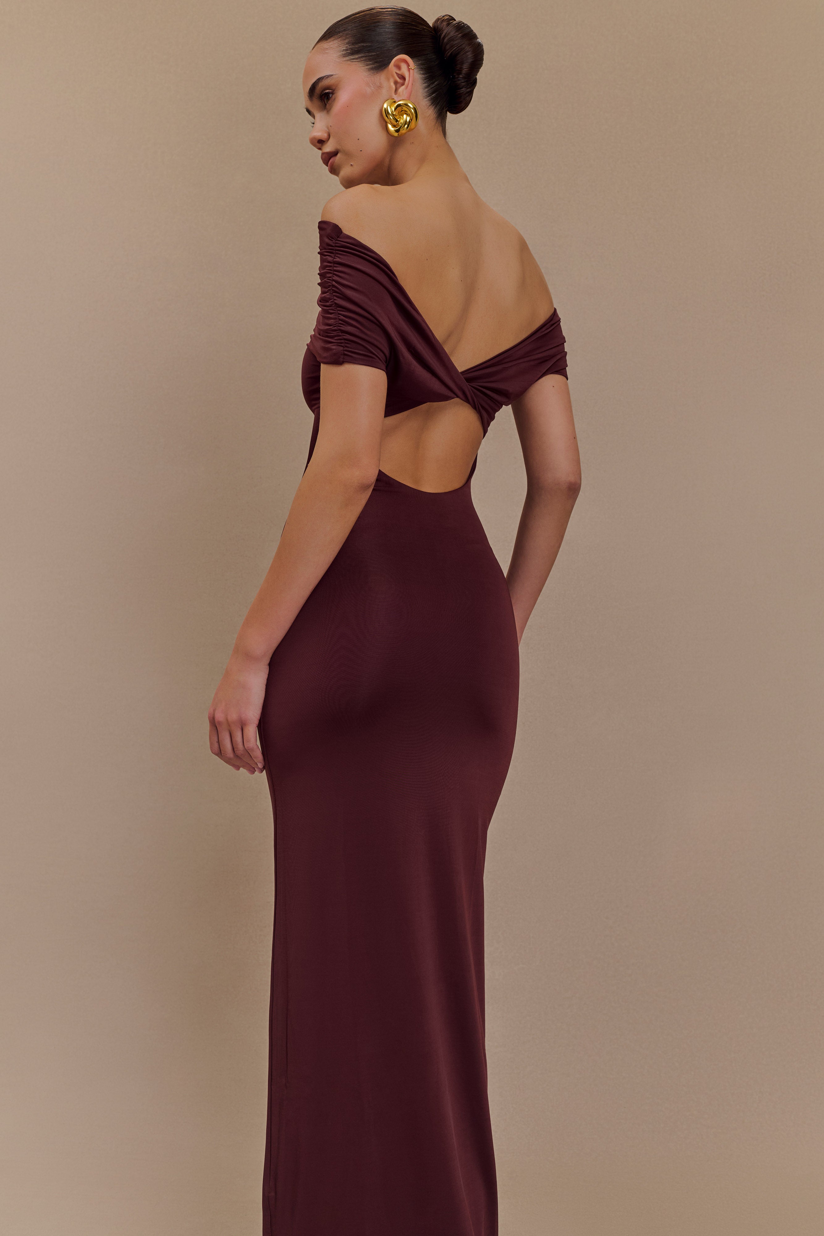Off Shoulder Slinky Maxi Dress with Bardot Neckline | Imogen