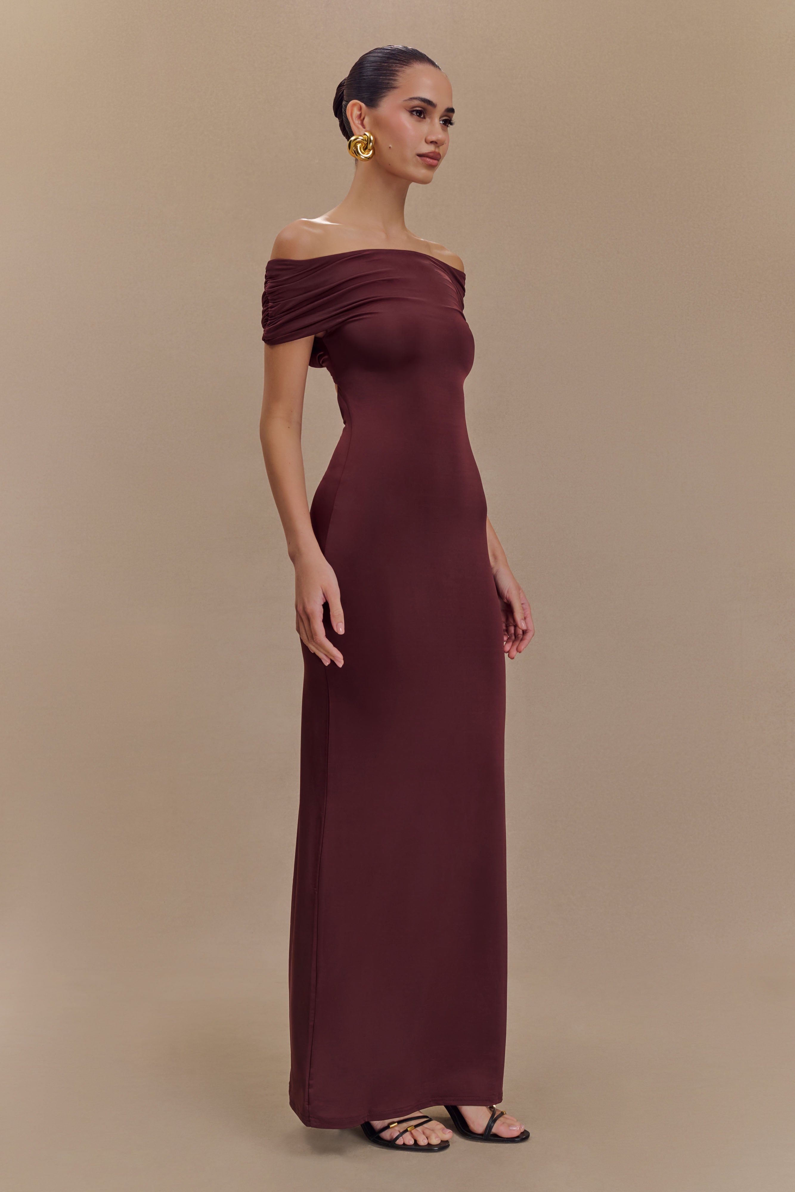 Off Shoulder Slinky Maxi Dress with Bardot Neckline | Imogen