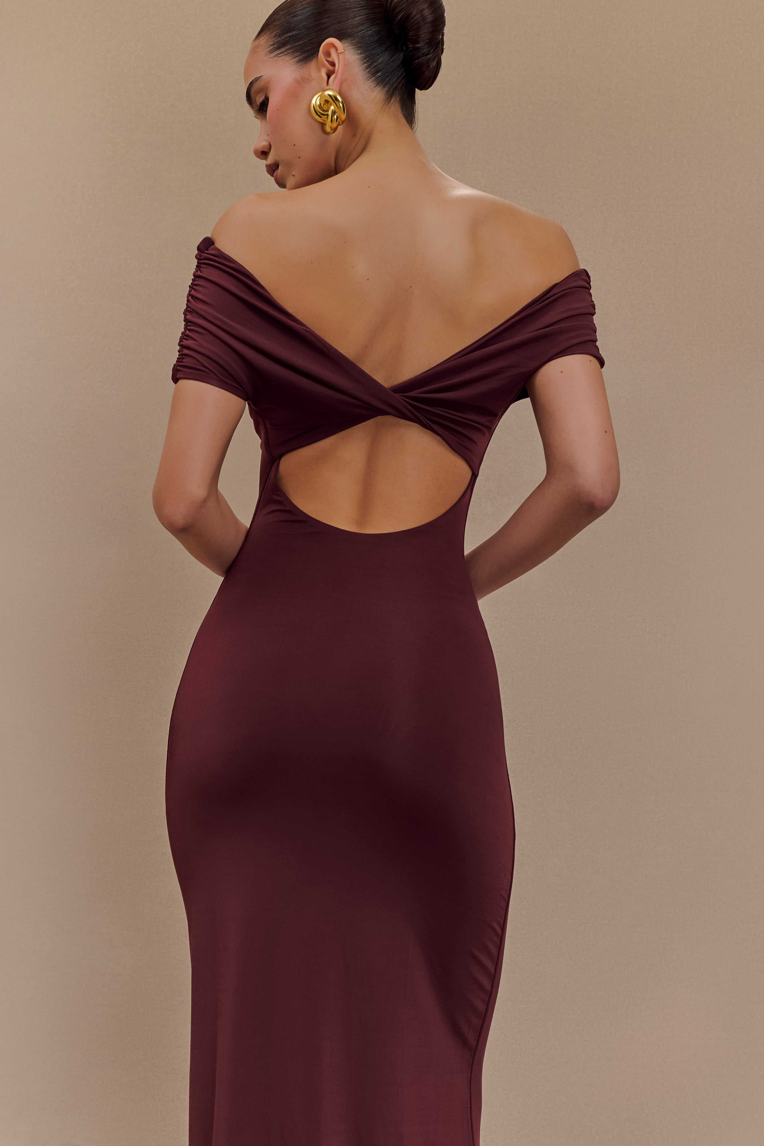 Off Shoulder Slinky Maxi Dress with Bardot Neckline | Imogen