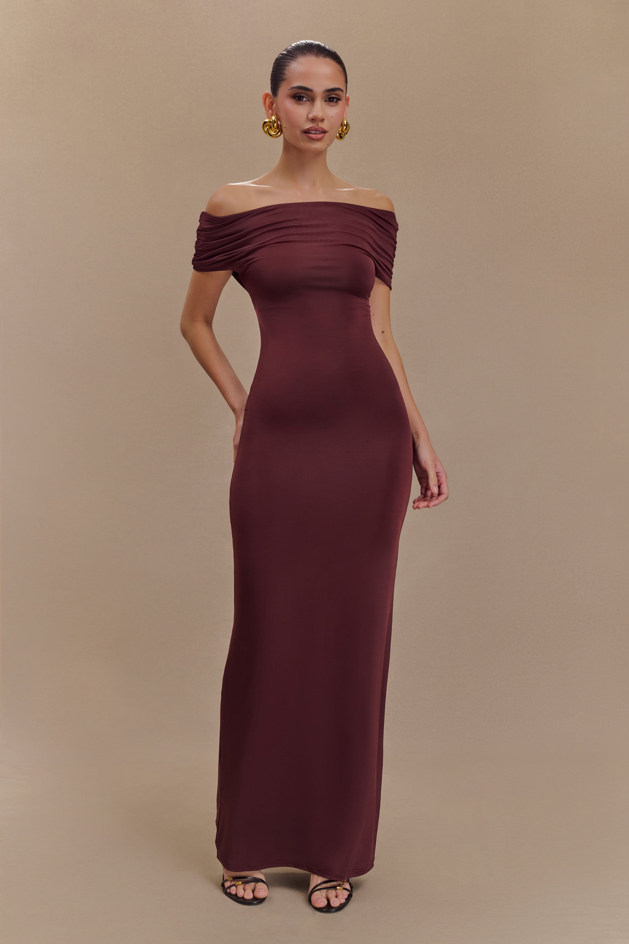 Off Shoulder Slinky Maxi Dress with Bardot Neckline | Imogen