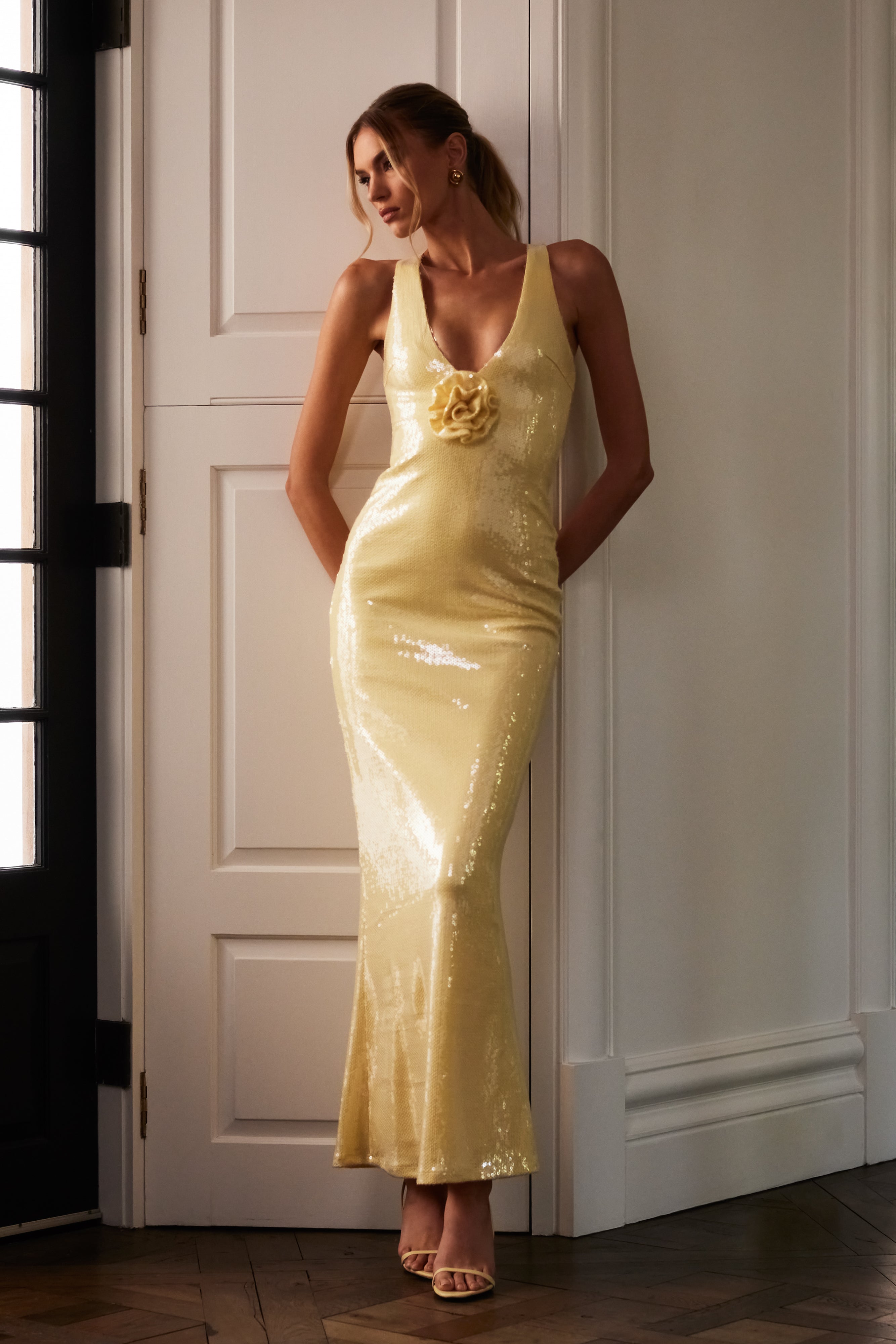 Sequin Maxi Dress with V-Neck & Rose Detail | Eliza Rose