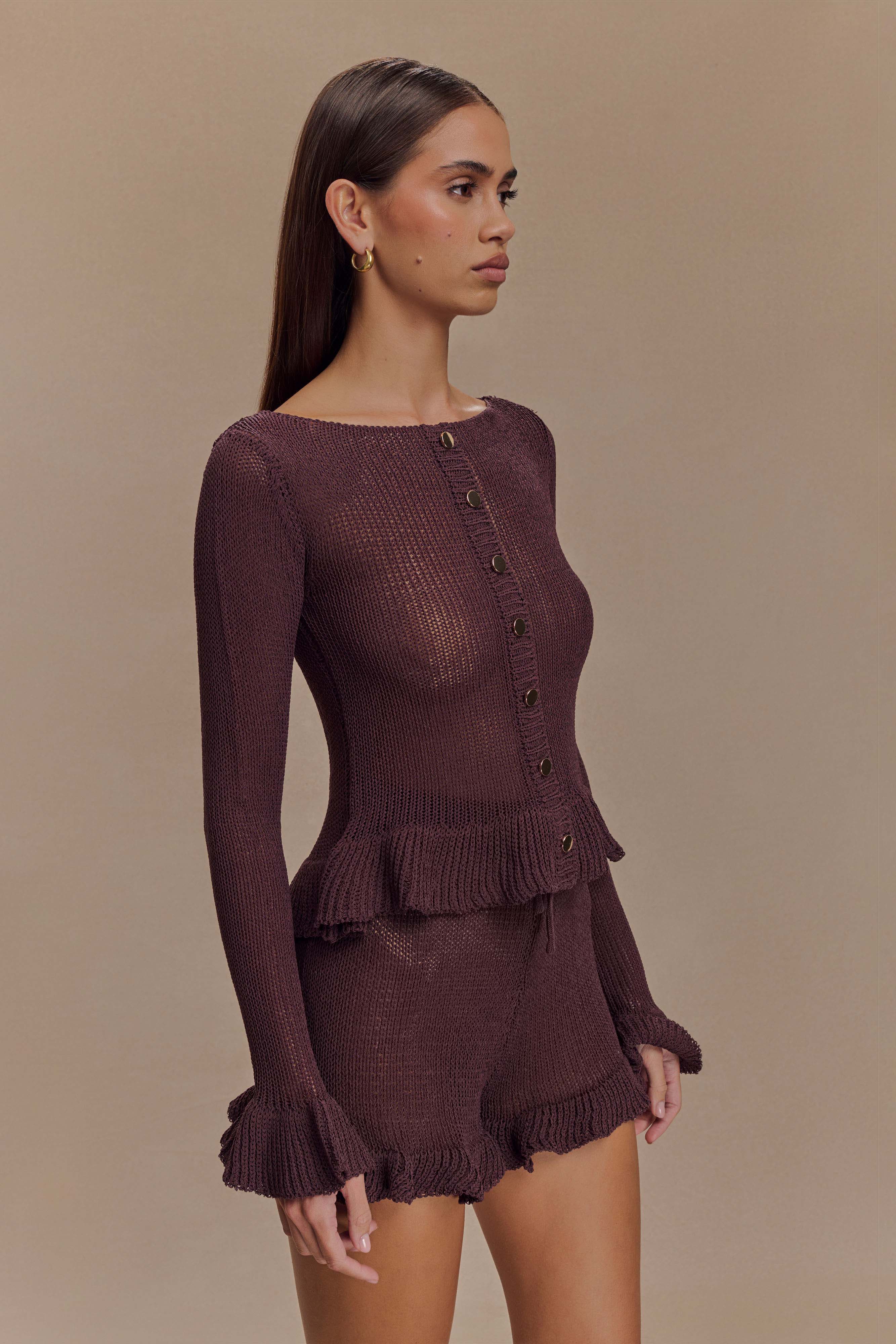 Knit Frill Cardigan with Ruffled Hems & Shell Buttons | Eleanor