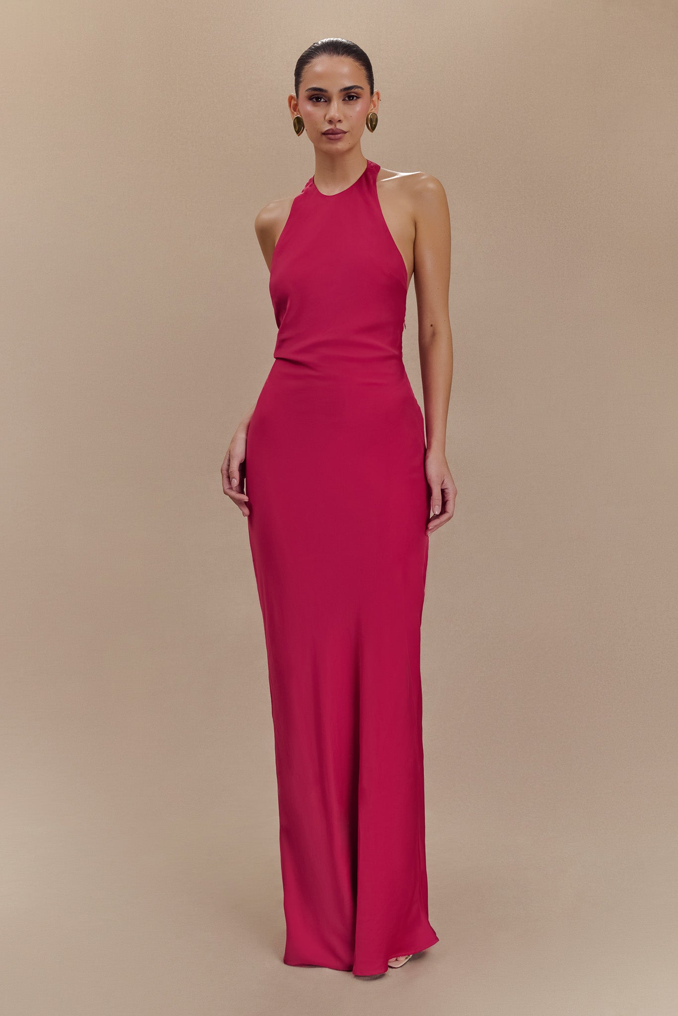 Satin Halter Maxi Dress with Open Back & Side Zip | Rinna