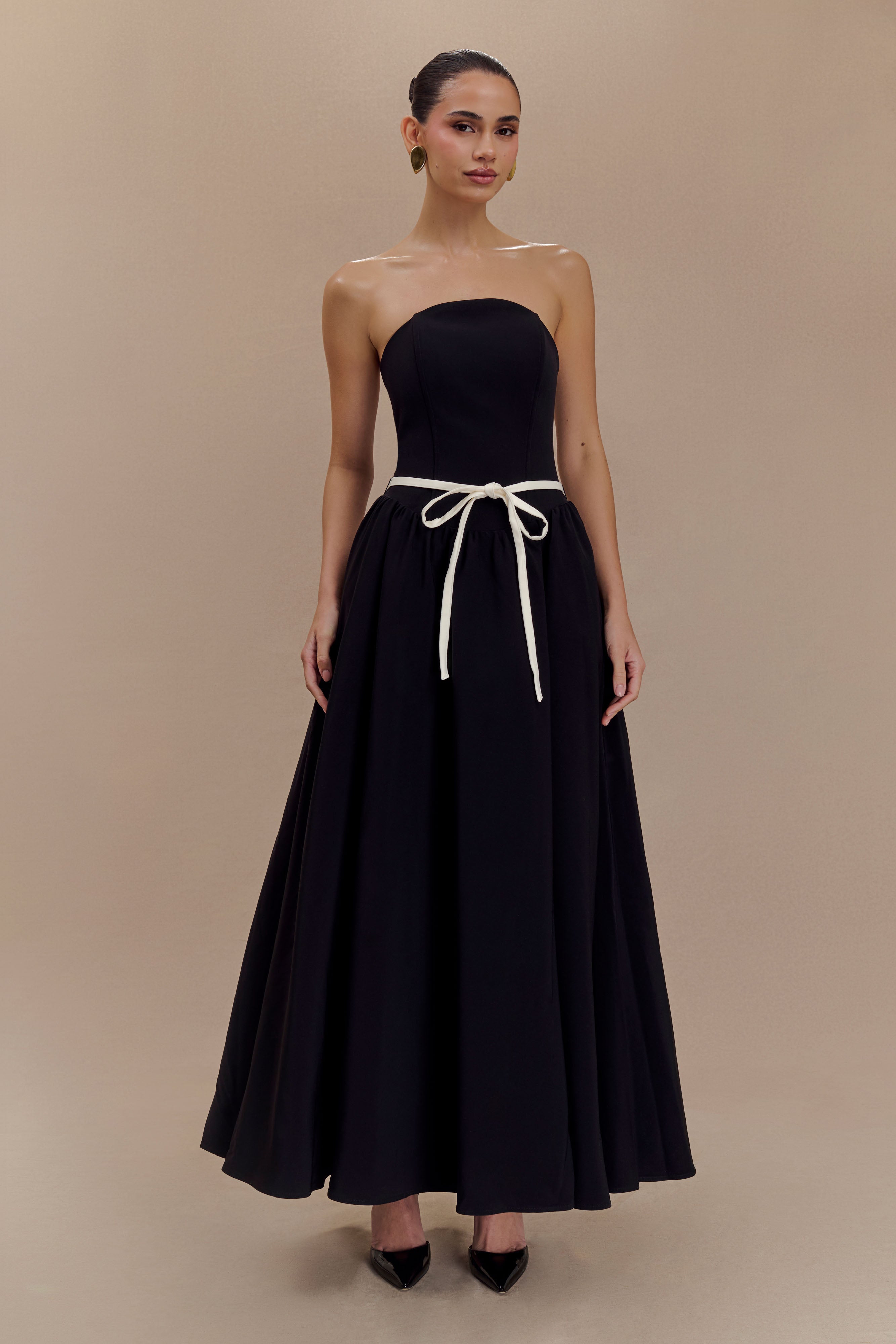 Strapless Midi Dress with Contrast Waist Belt | Penny Black & White