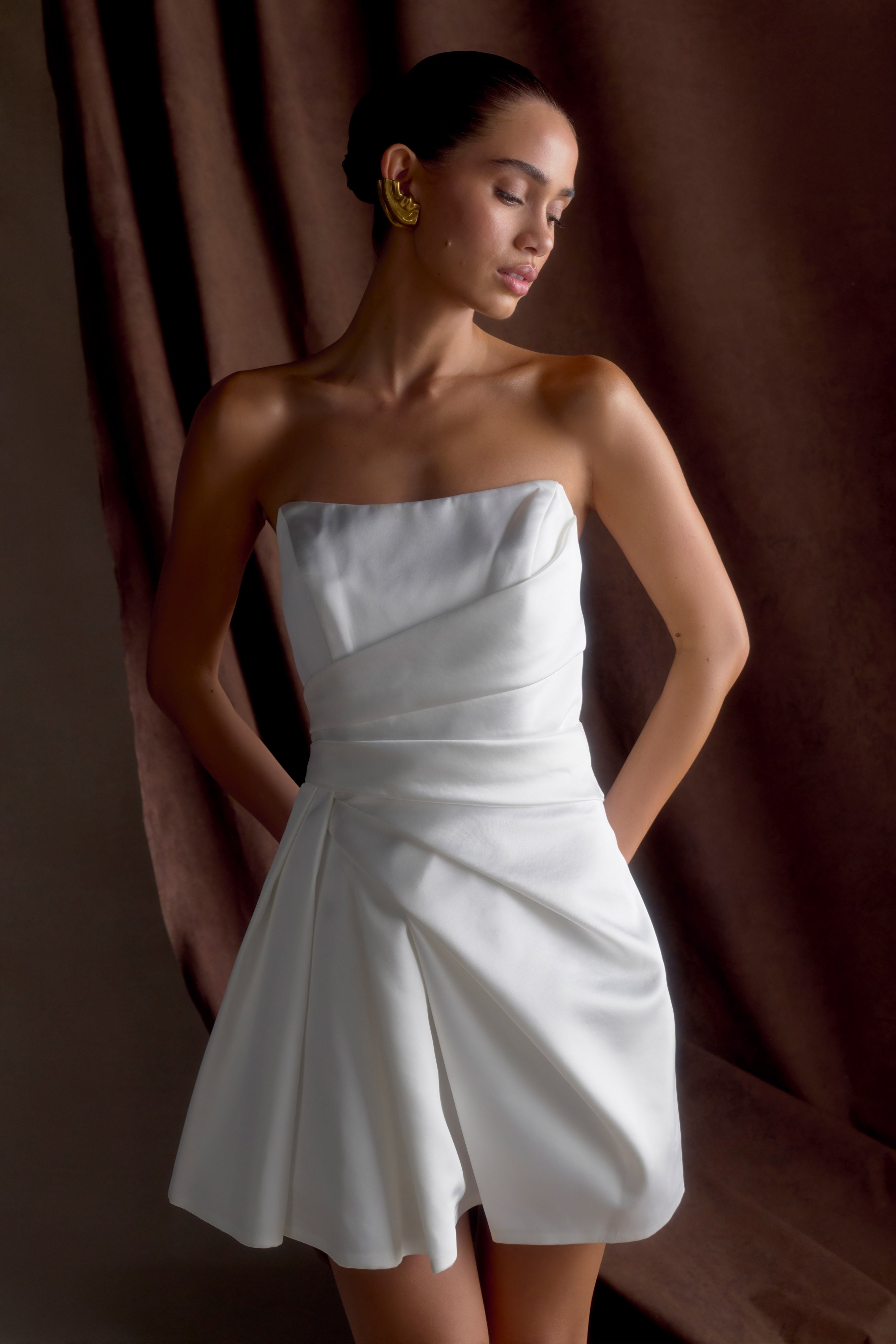 Strapless Satin Mini Dress with Elastic Waist Stay | Lora White
