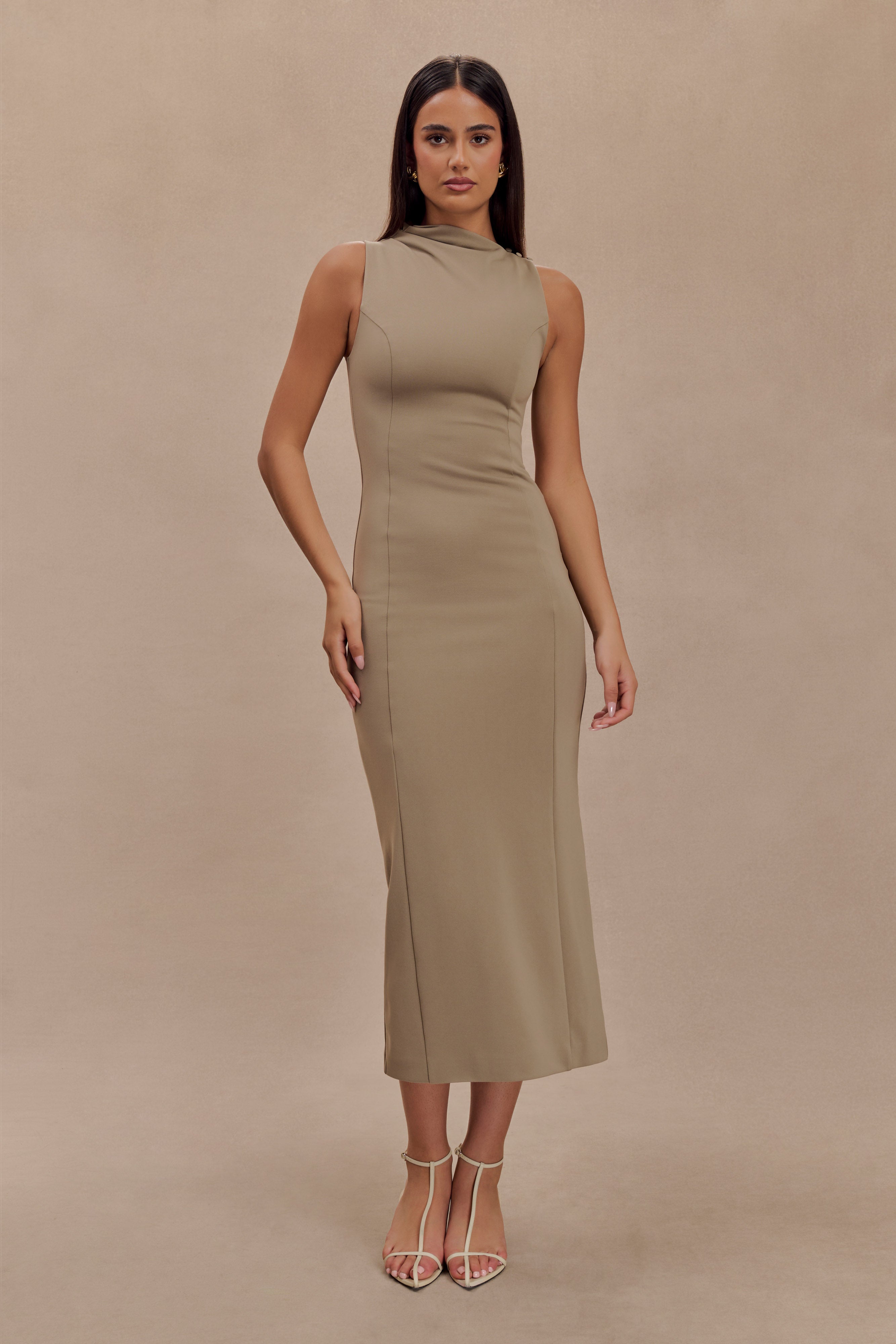 Elegant Draped Crepe Midi Dress with Asymmetrical Neckline | Taylor
