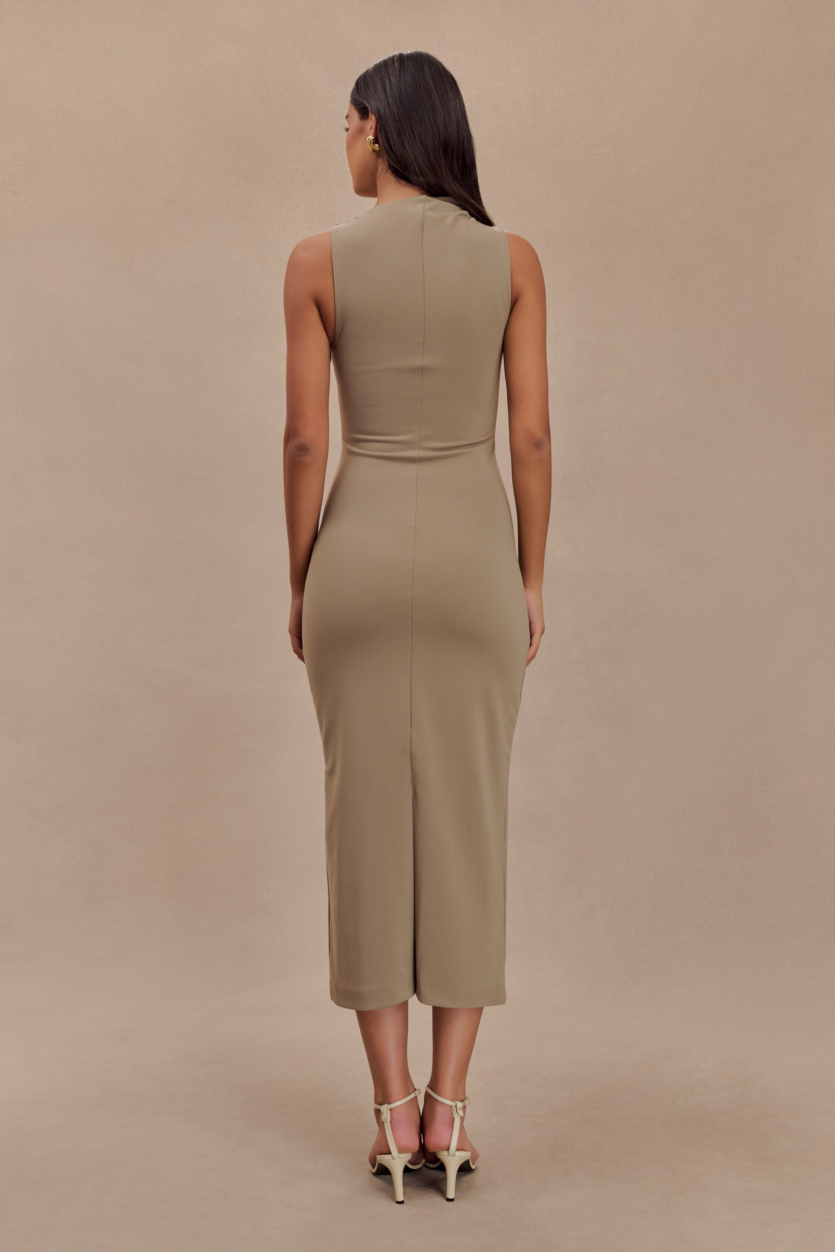 Elegant Draped Crepe Midi Dress with Asymmetrical Neckline | Taylor