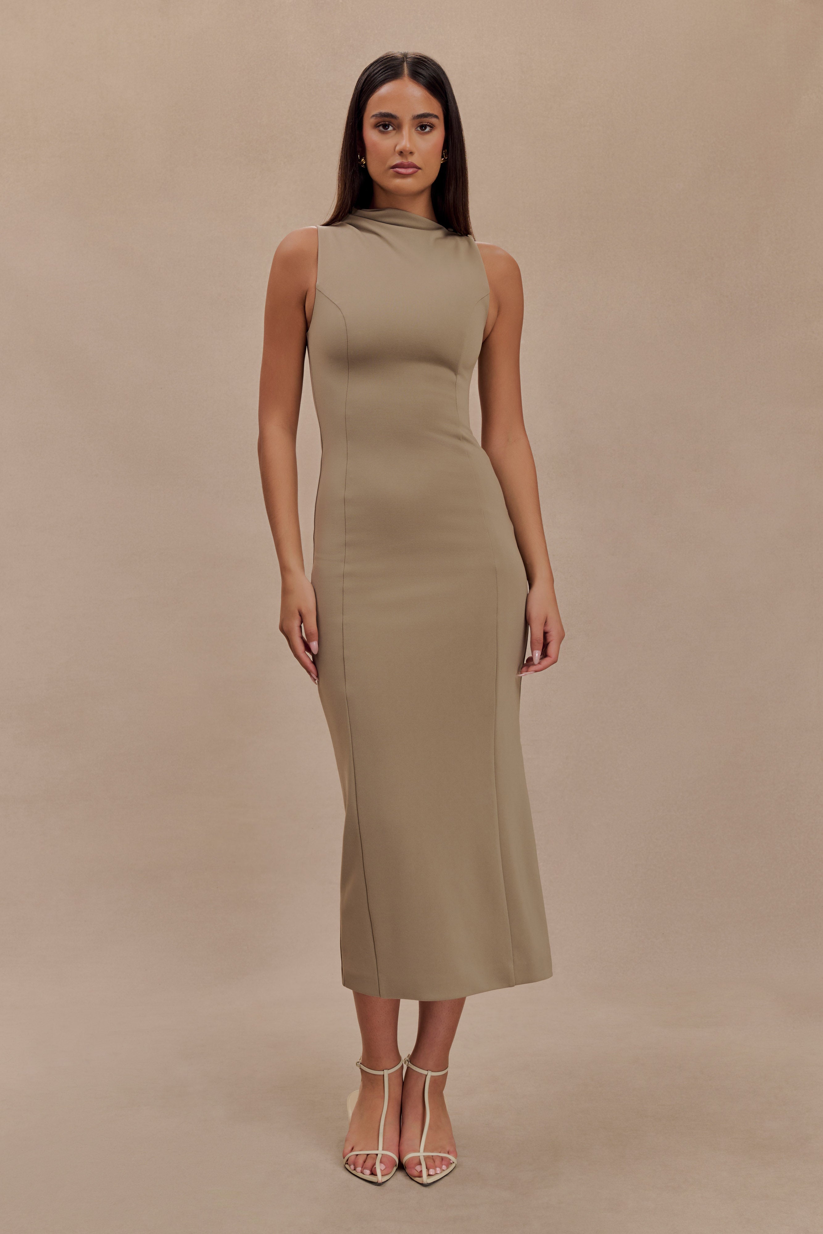 Elegant Draped Crepe Midi Dress with Asymmetrical Neckline | Taylor