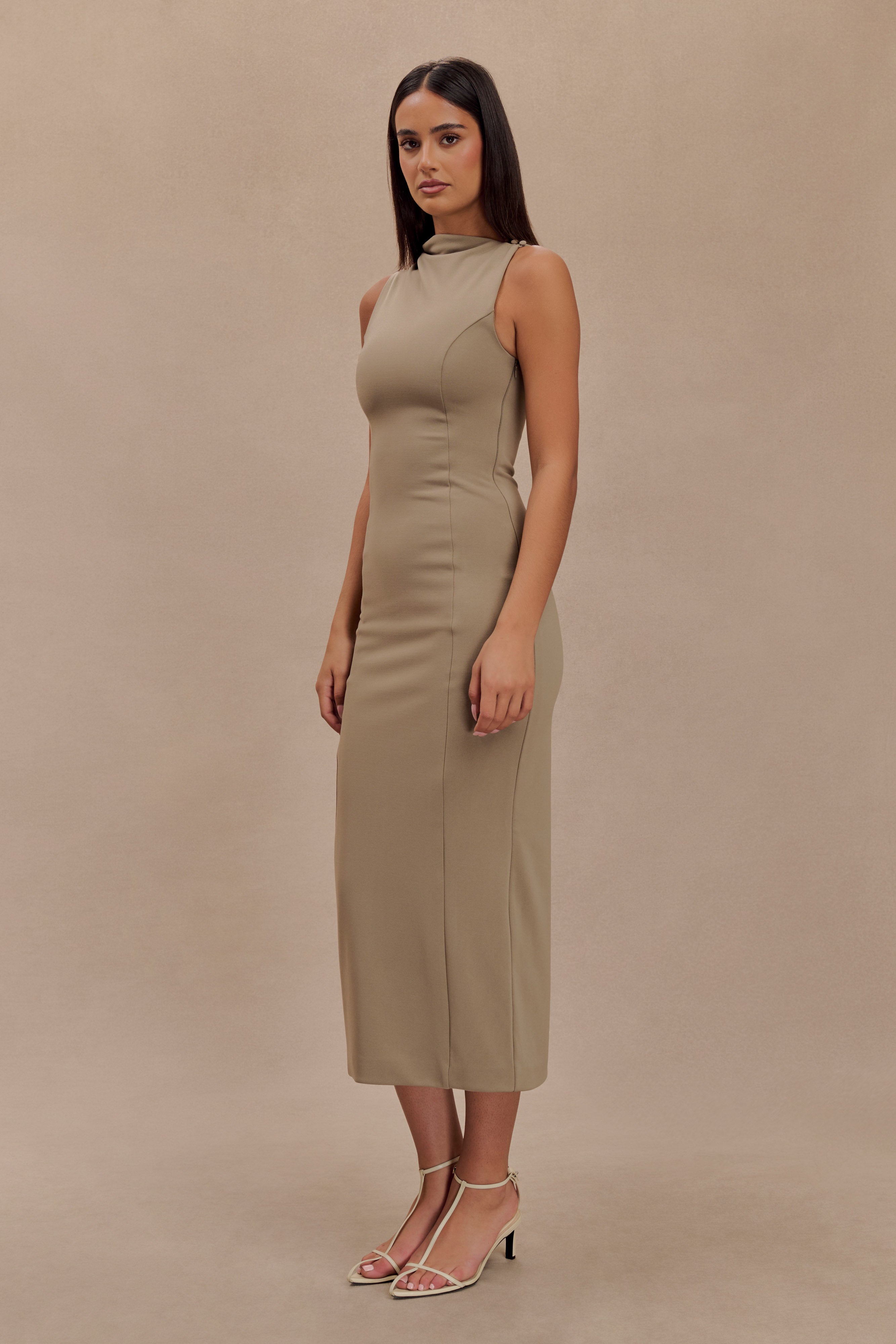 Elegant Draped Crepe Midi Dress with Asymmetrical Neckline | Taylor