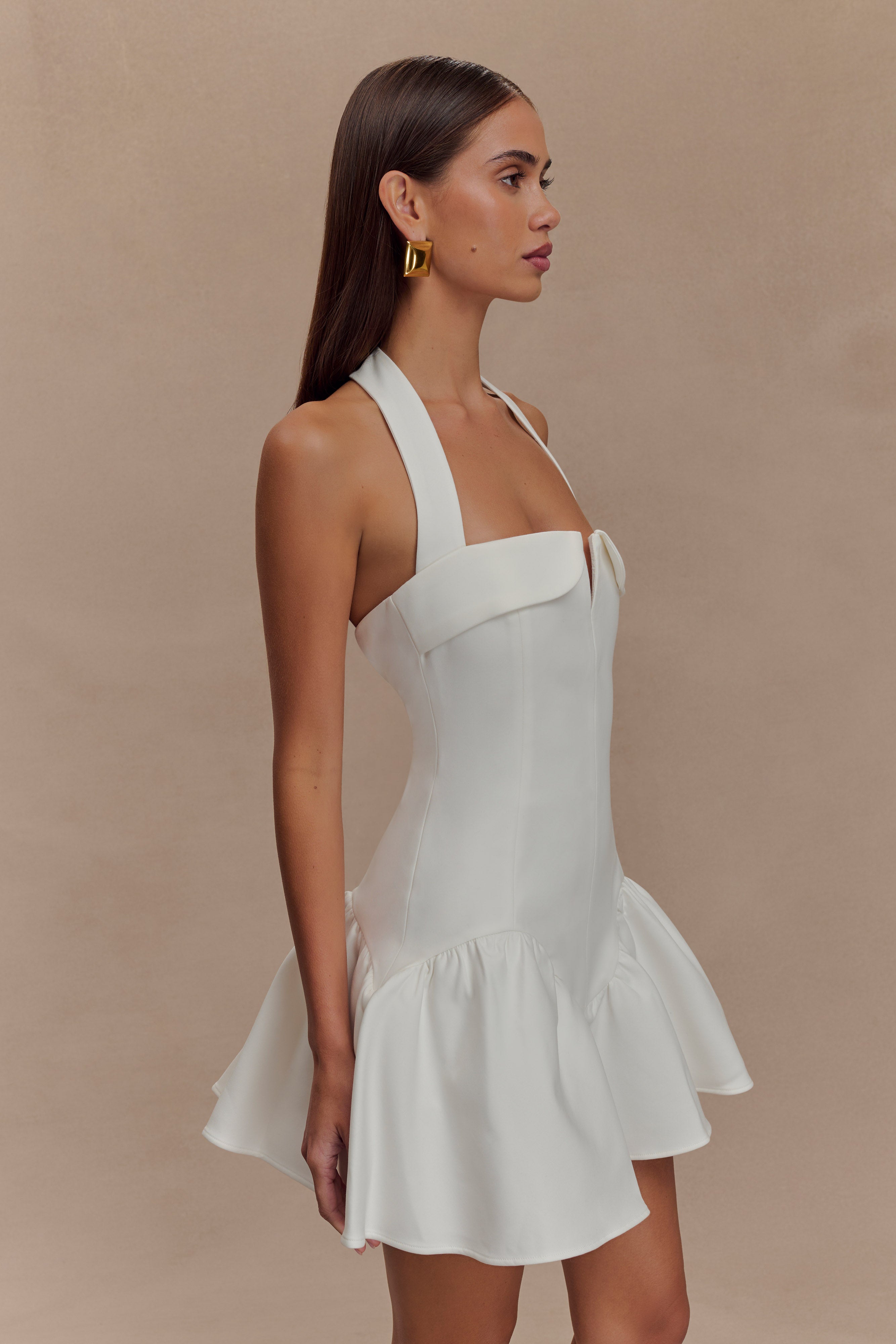 White Halter Mini Dress with V-Split Detail | Calipso