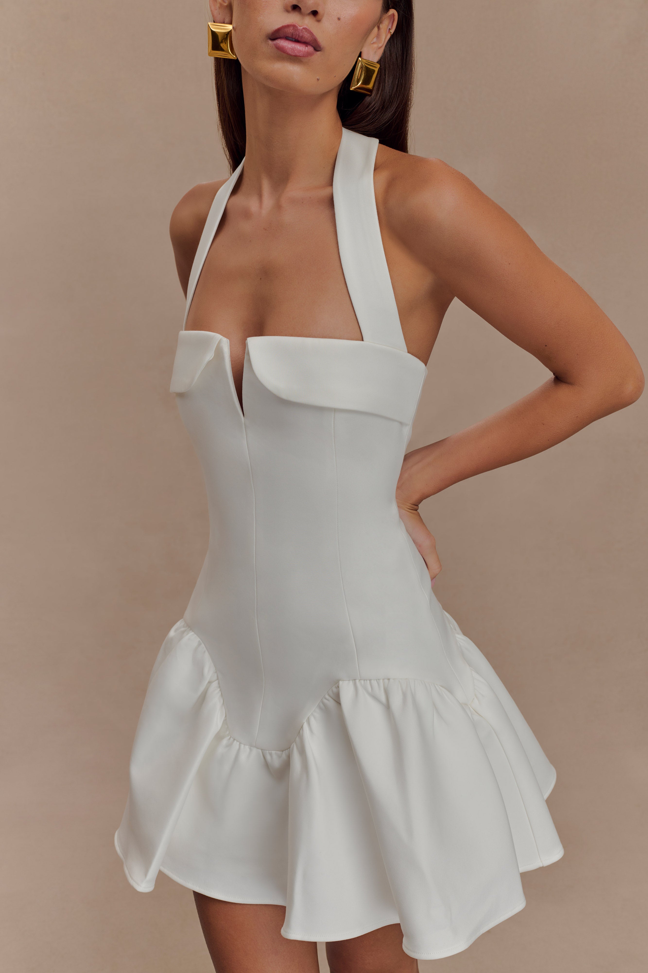 White Halter Mini Dress with V-Split Detail | Calipso