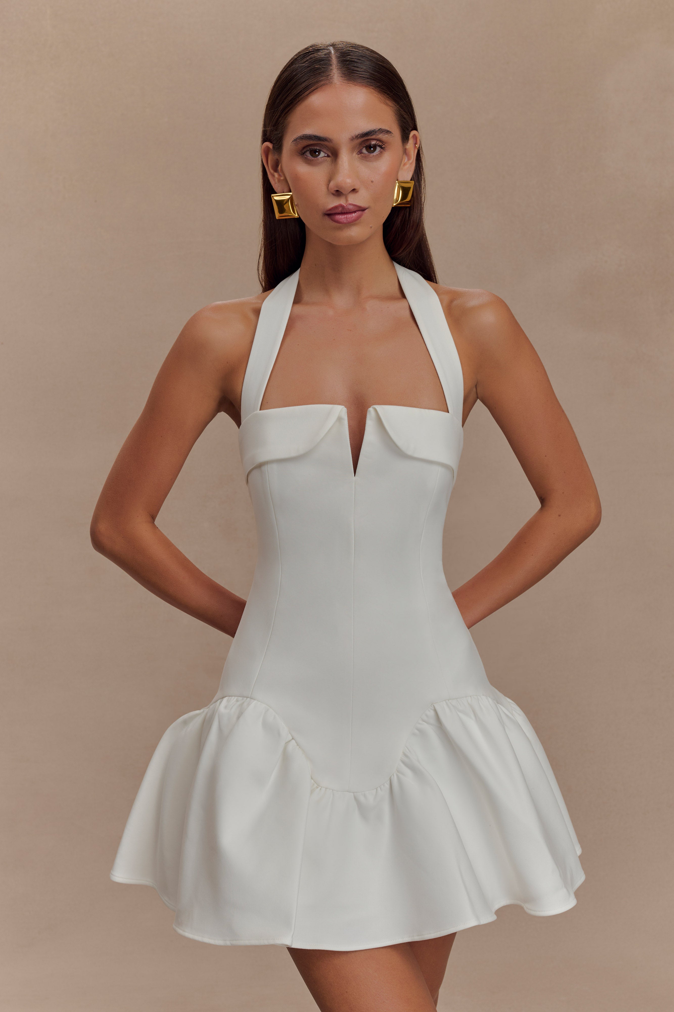 White Halter Mini Dress with V-Split Detail | Calipso