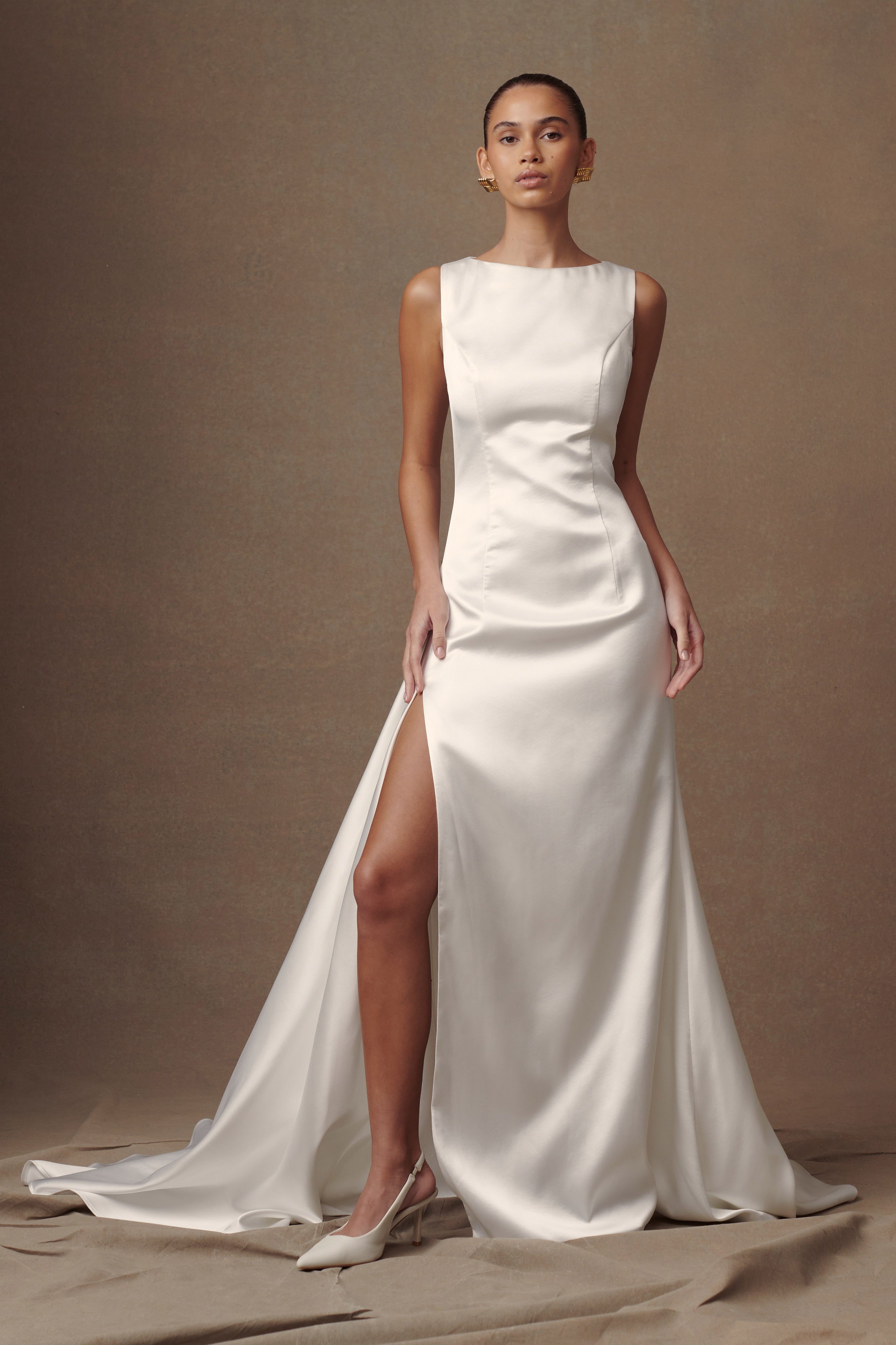 Satin Wedding Gown with Boat Neck & Side Split | Fontanne Bridal