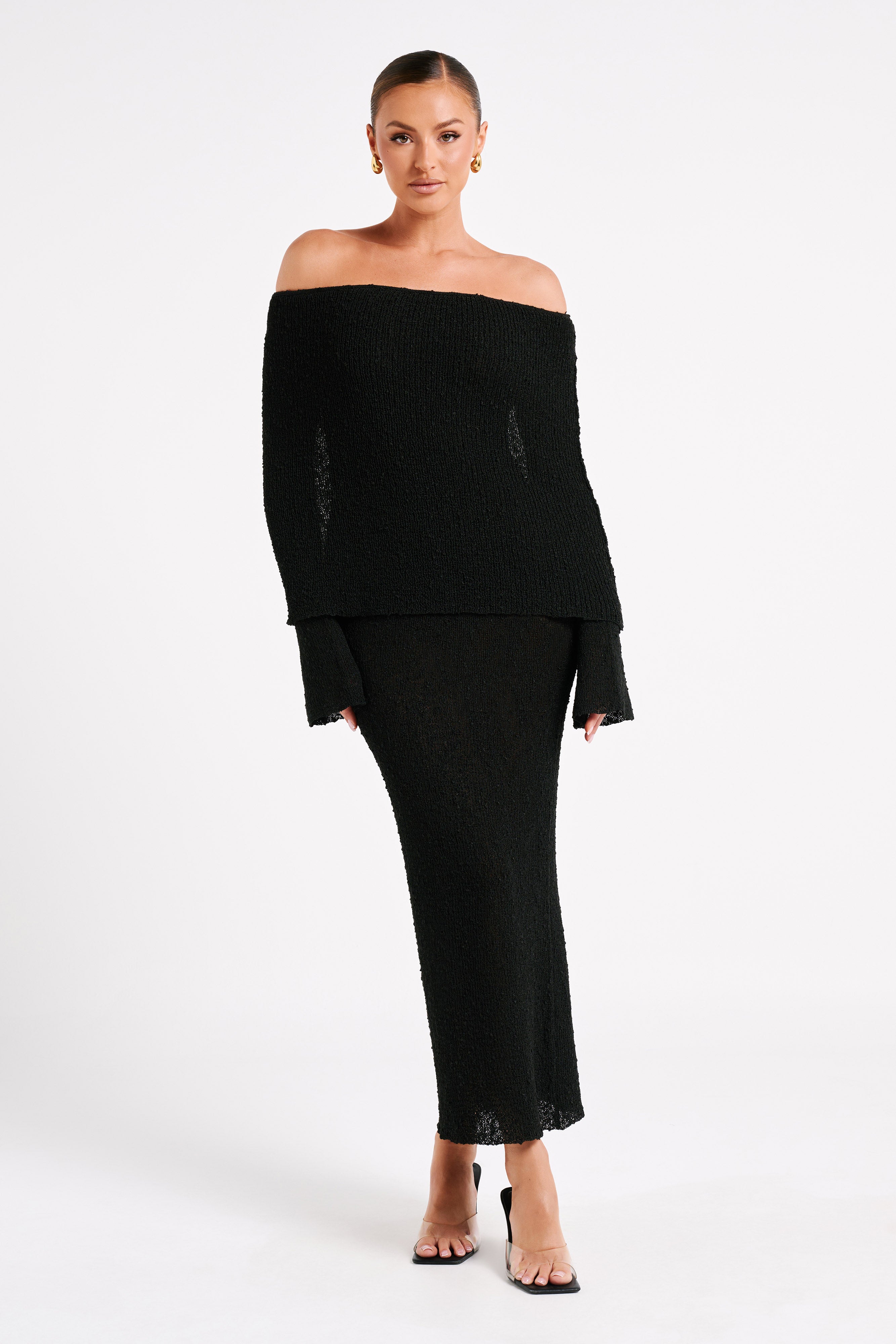 Off Shoulder Boucle Maxi Dress with Flared Sleeves | Marisol Black
