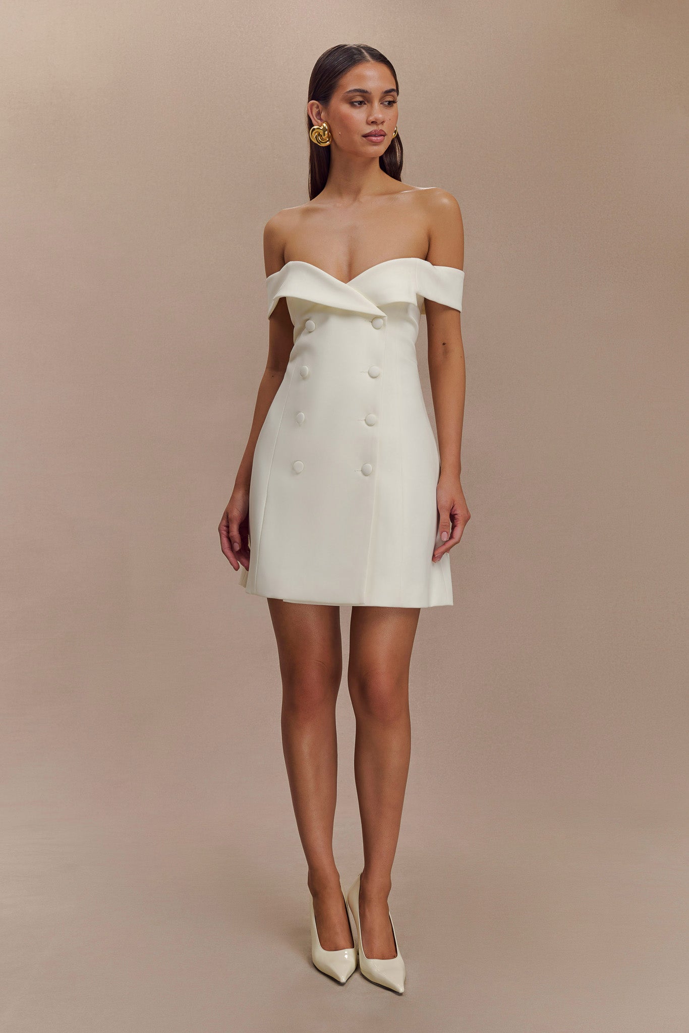 Off Shoulder Mini Dress with Lapel Detail & Flare Fit | Noelle Ivory