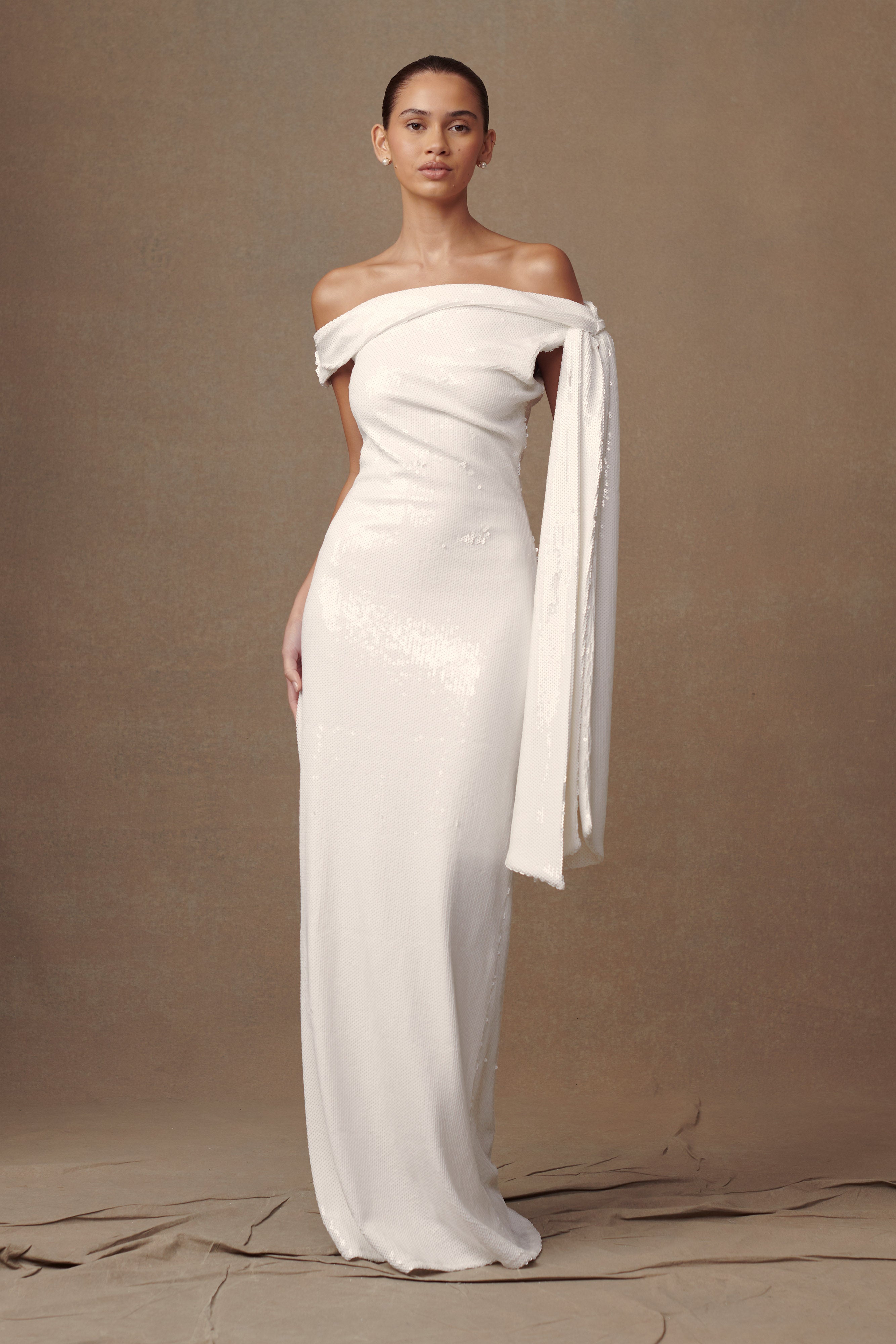 Sequin Maxi Dress with Asymmetrical Neckline | Catarina White