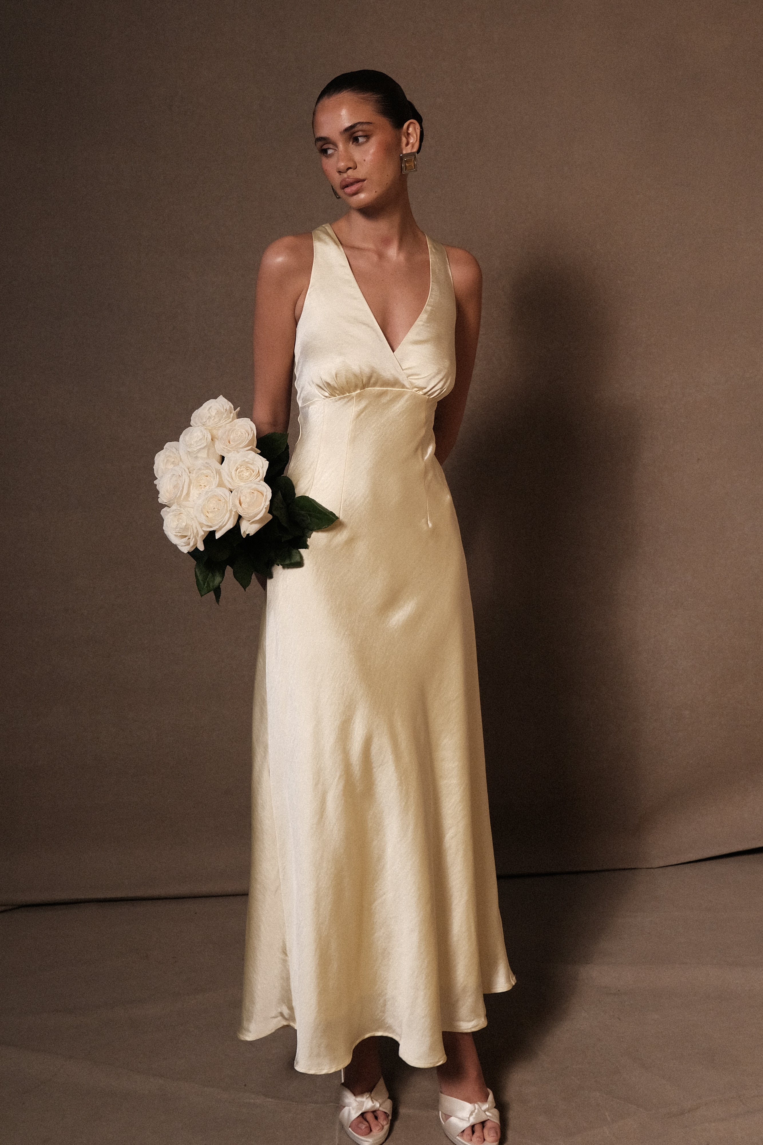 Elegant Satin Maxi Dress with V Neckline & Lined Comfort | Meghan