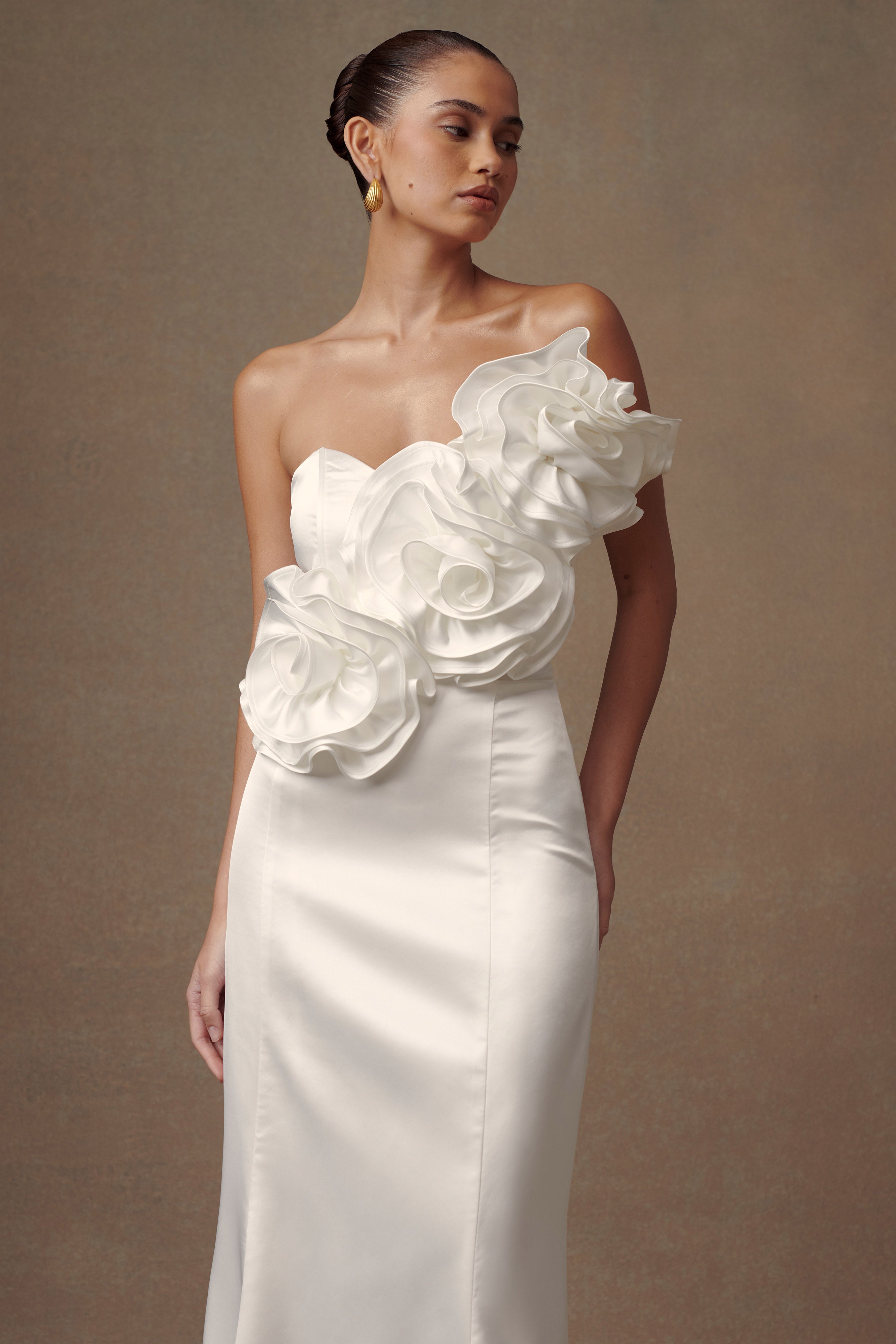 Strapless Satin Wedding Gown with Rose Applique | Olivia