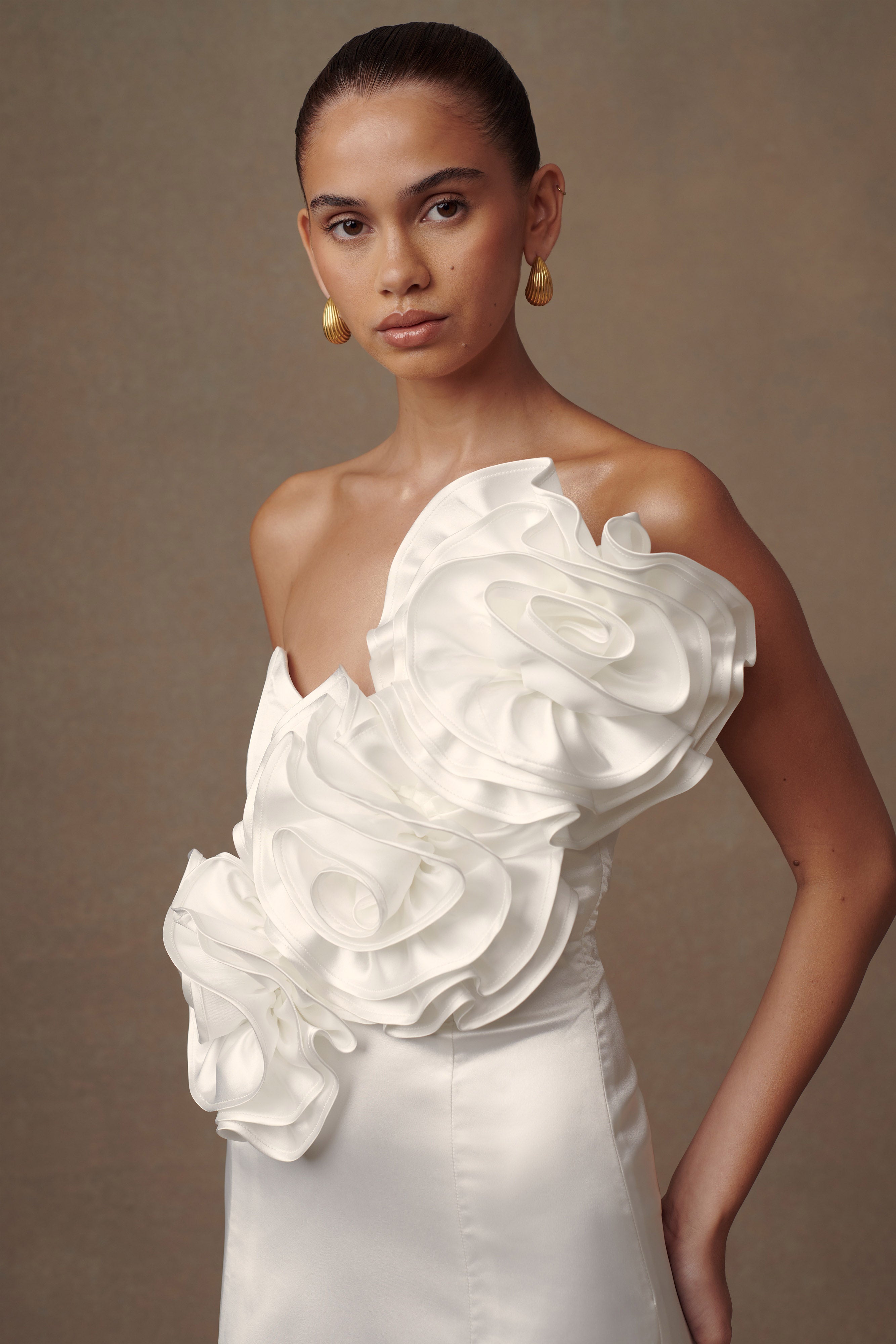 Strapless Satin Wedding Gown with Rose Applique | Olivia