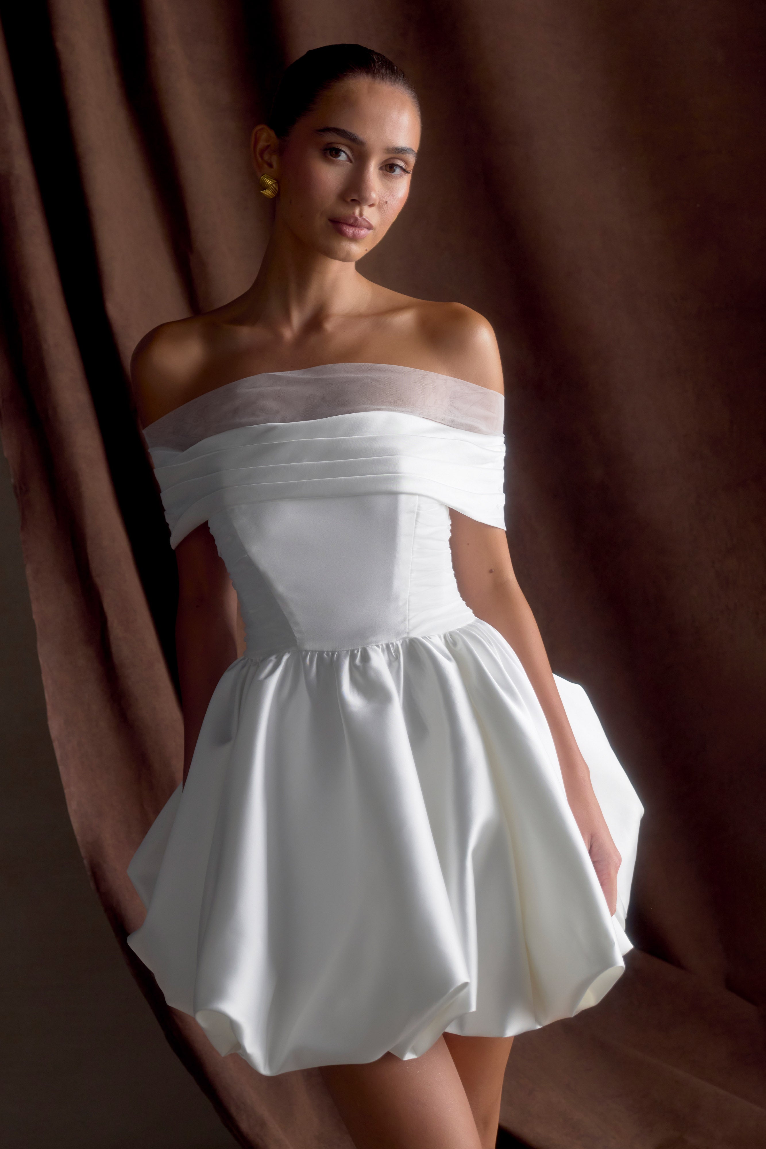 Off Shoulder Mini Dress with Ruched Bodice & Bubble Skirt | Lauretta