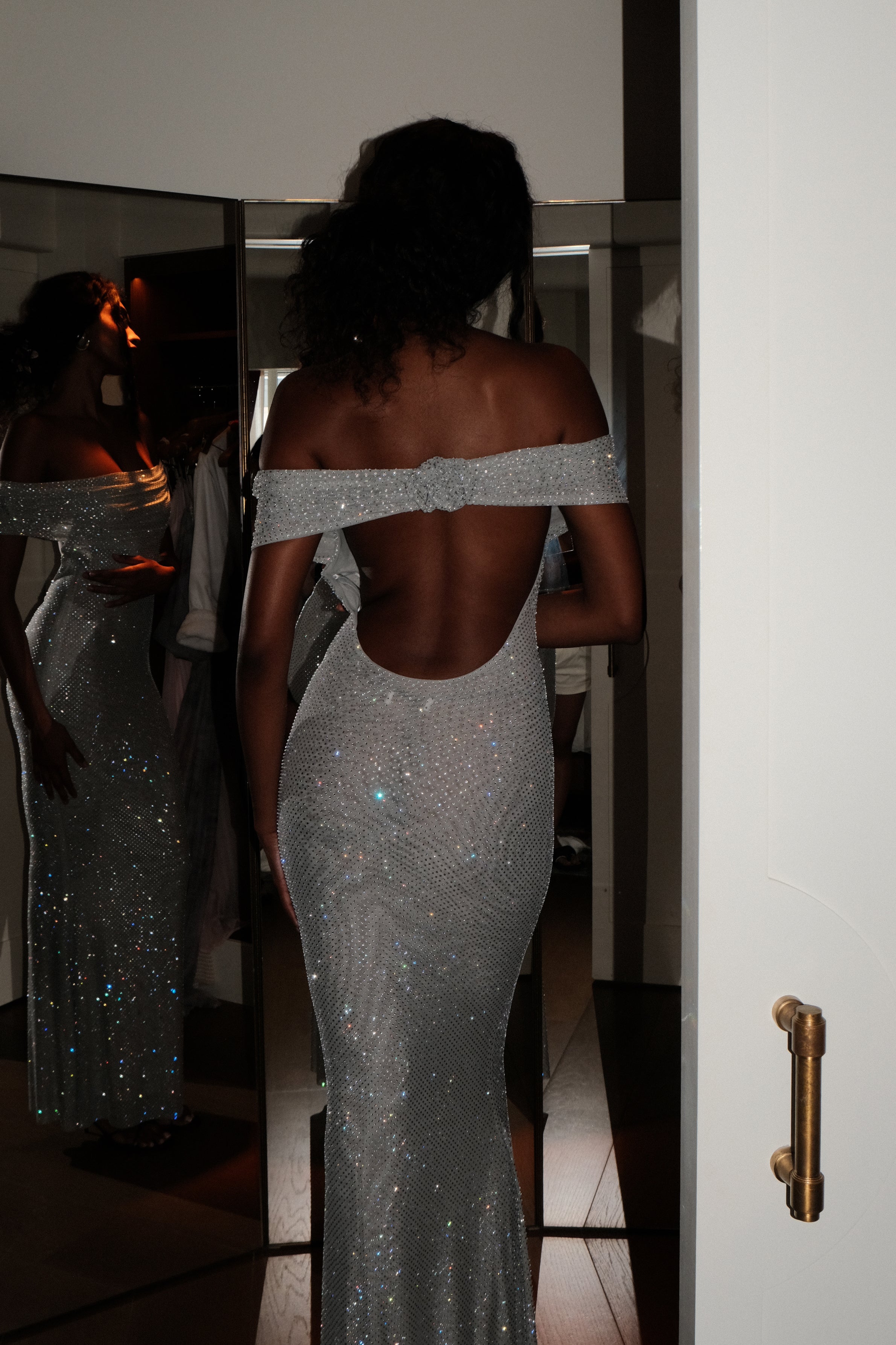 Off Shoulder Maxi Dress with Fishtail Hem & Open Back | Arna