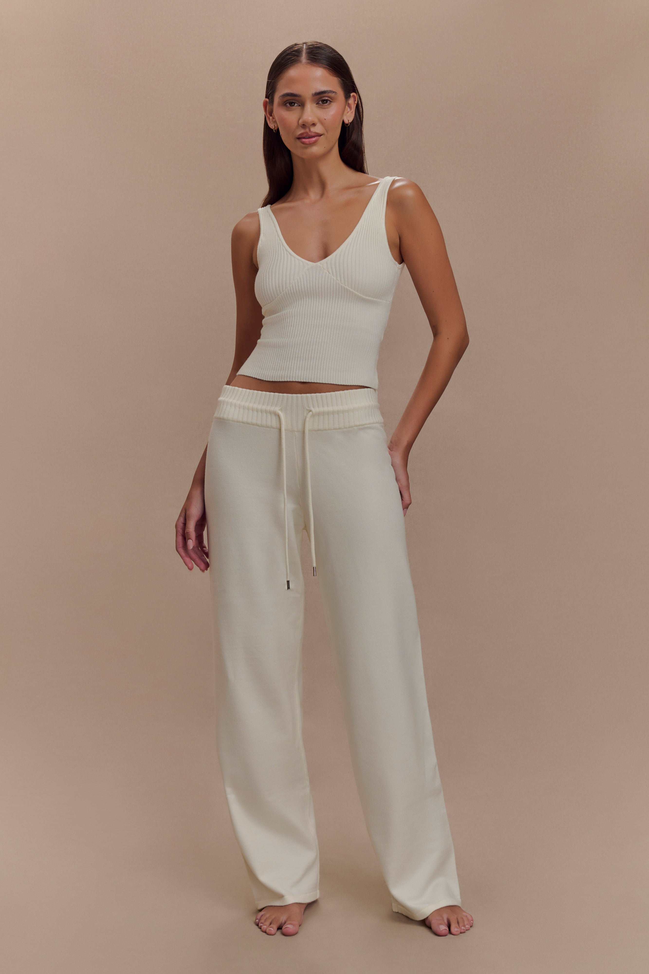 Knit Wide Leg Pants with Adjustable Waist | Natalya Ivory