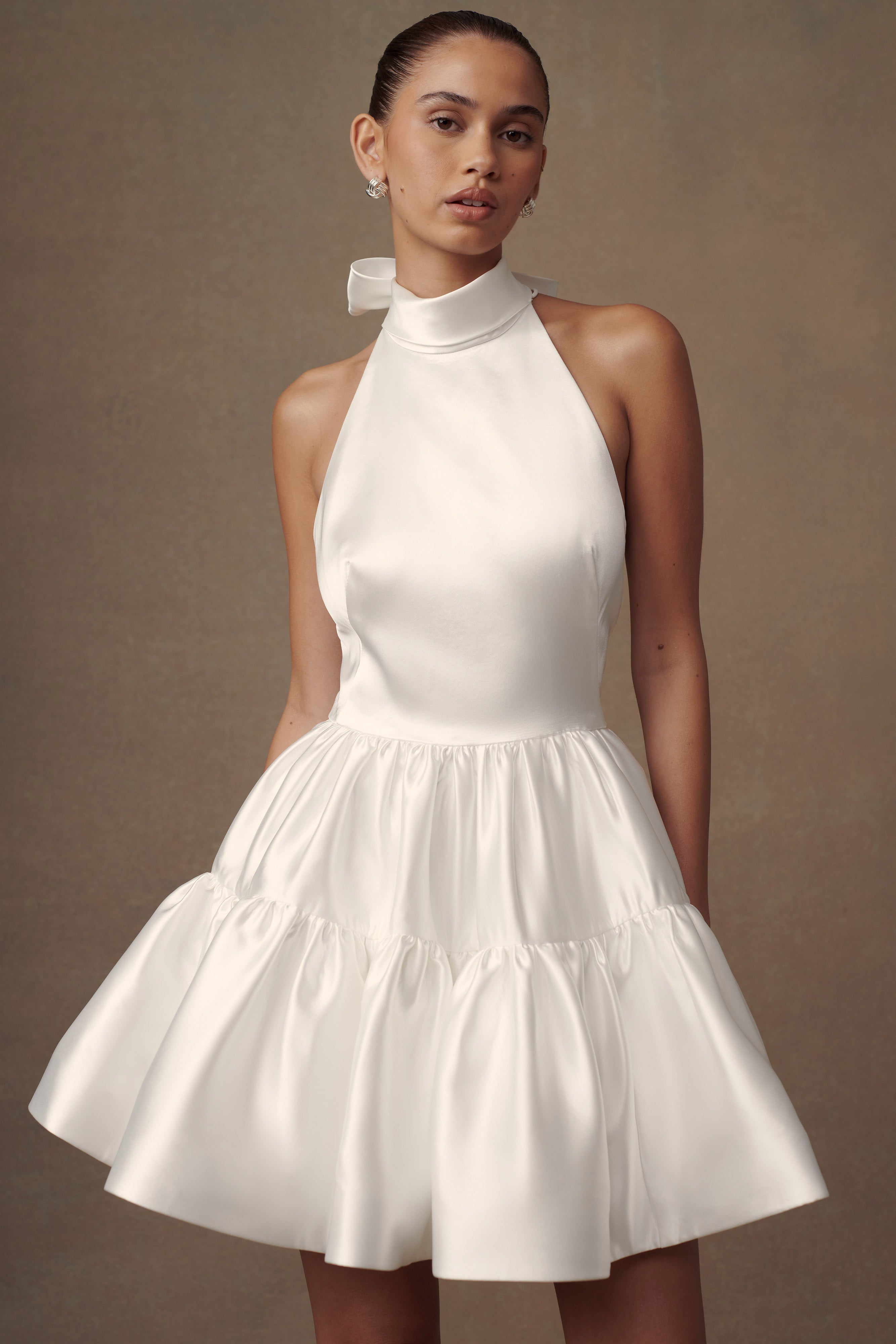 Satin Halter Mini Dress with Bow Detail | Dorota White