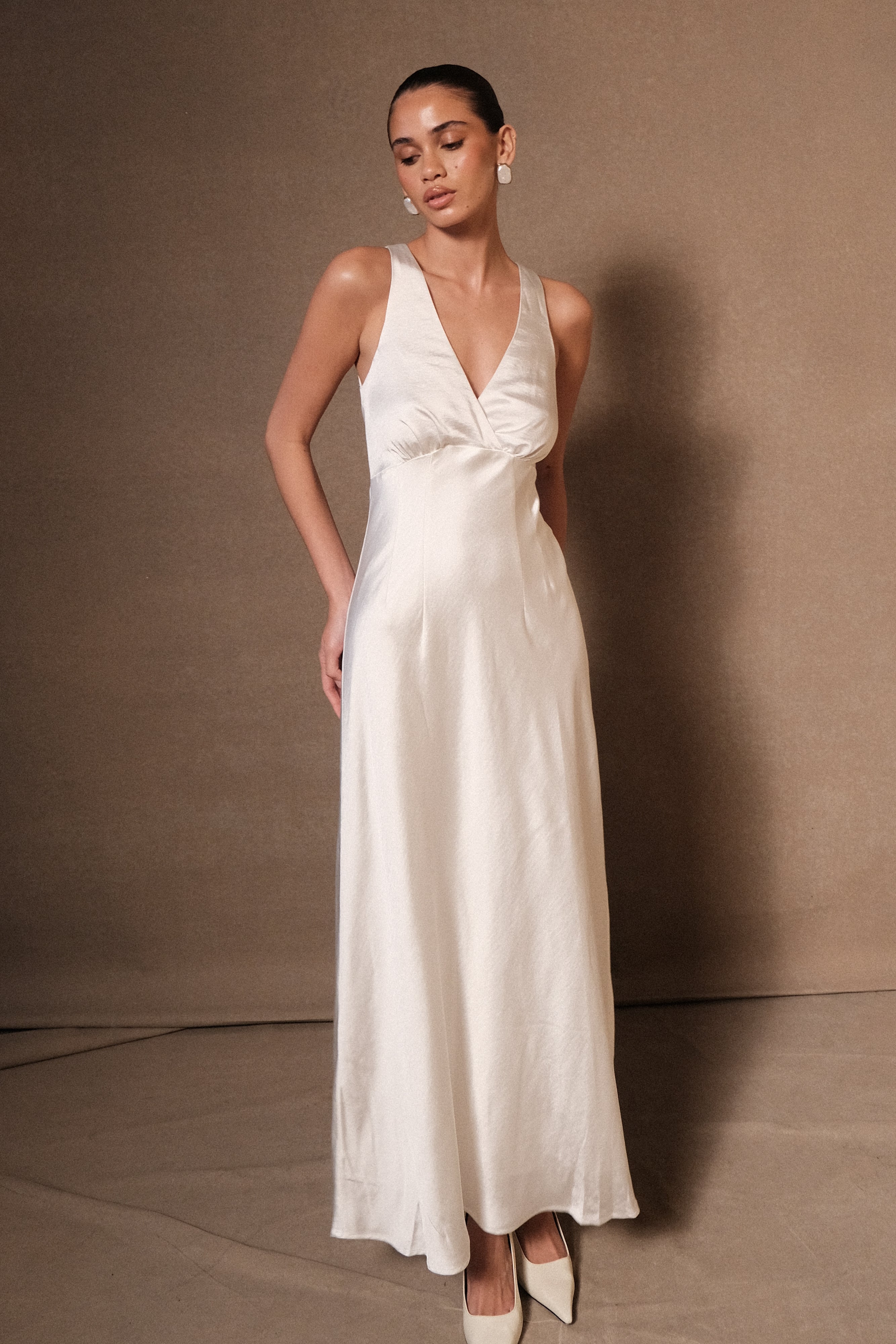Satin Maxi Dress with V Neckline & Back Zip | Meghan Ivory