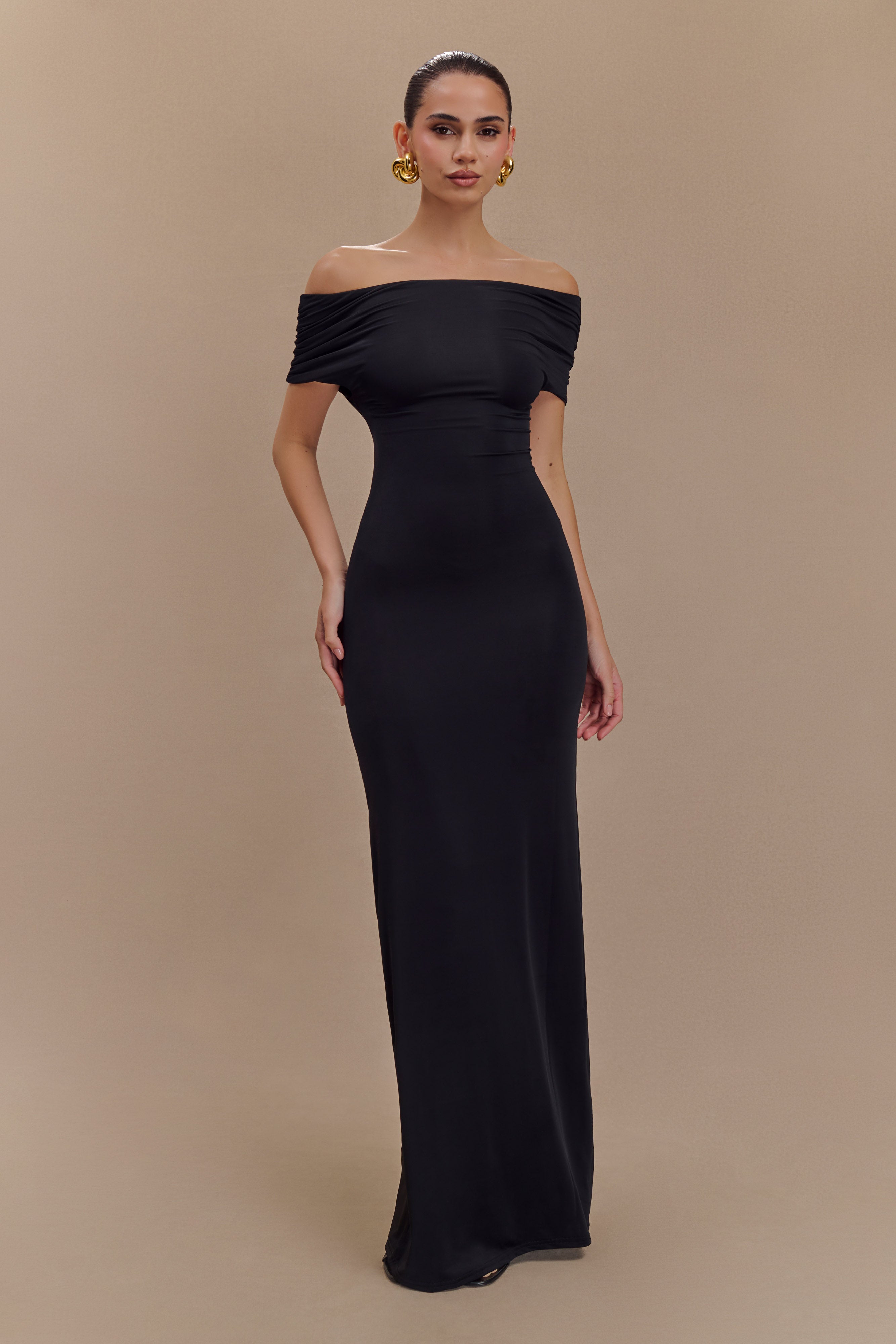 Off Shoulder Maxi Dress with Bardot Neckline & Back Cutout | Imogen