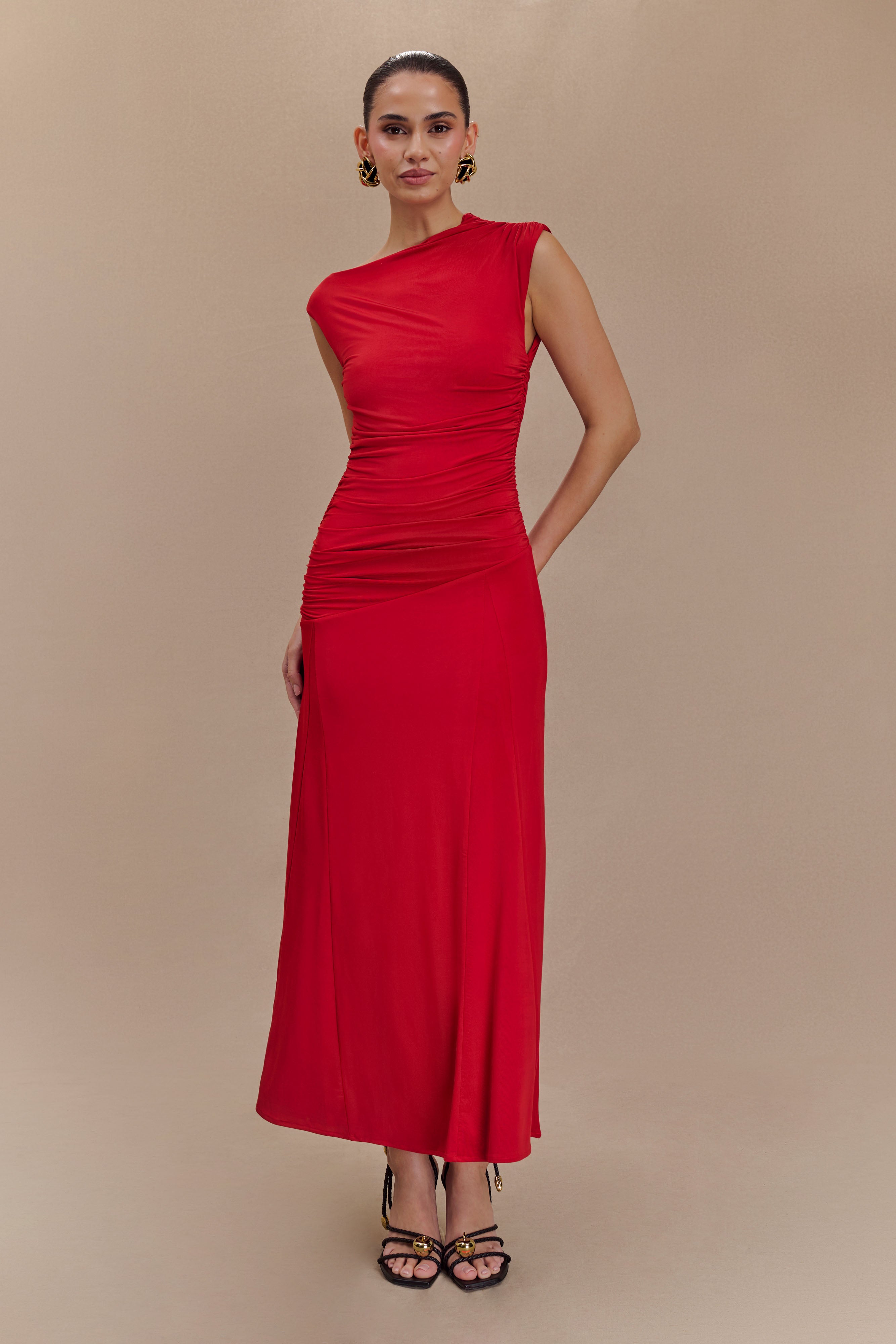 Asymmetric Slinky Midi Dress with Flared Skirt | Navanna Red