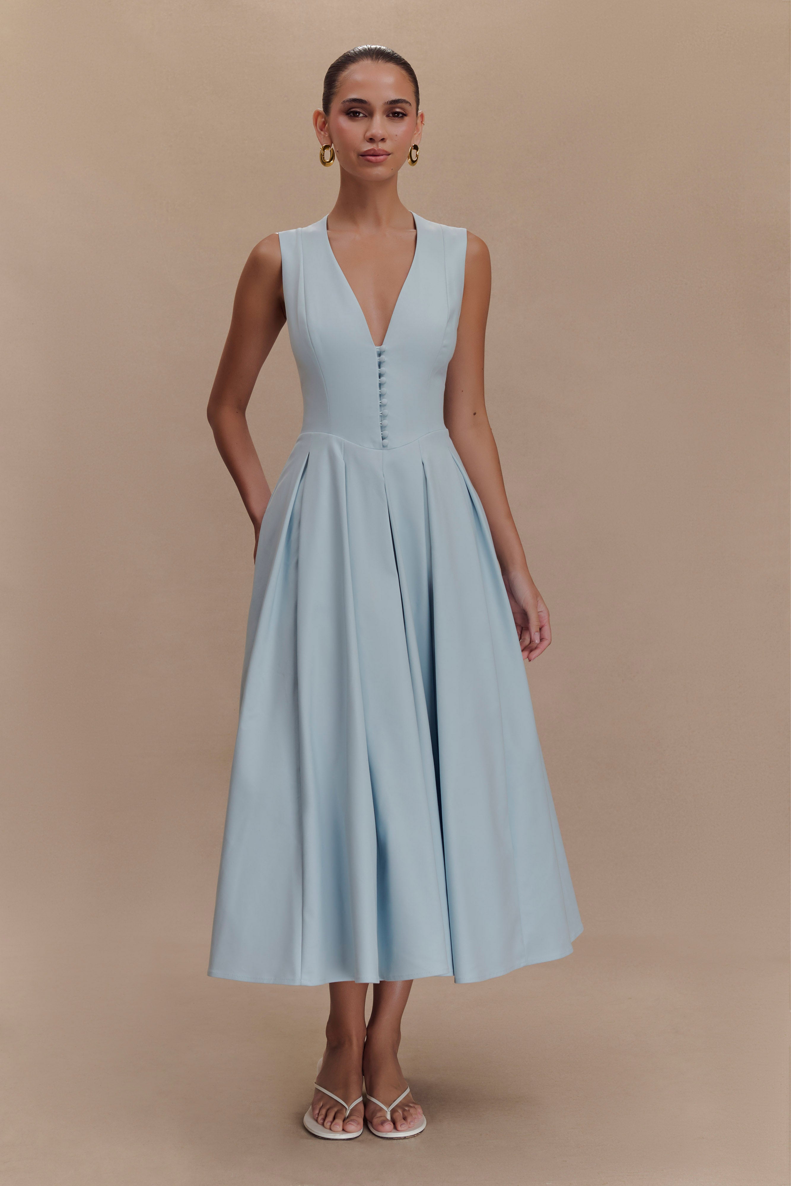 Cotton Sleeveless Midi Dress with V Neckline & Pockets | Keely