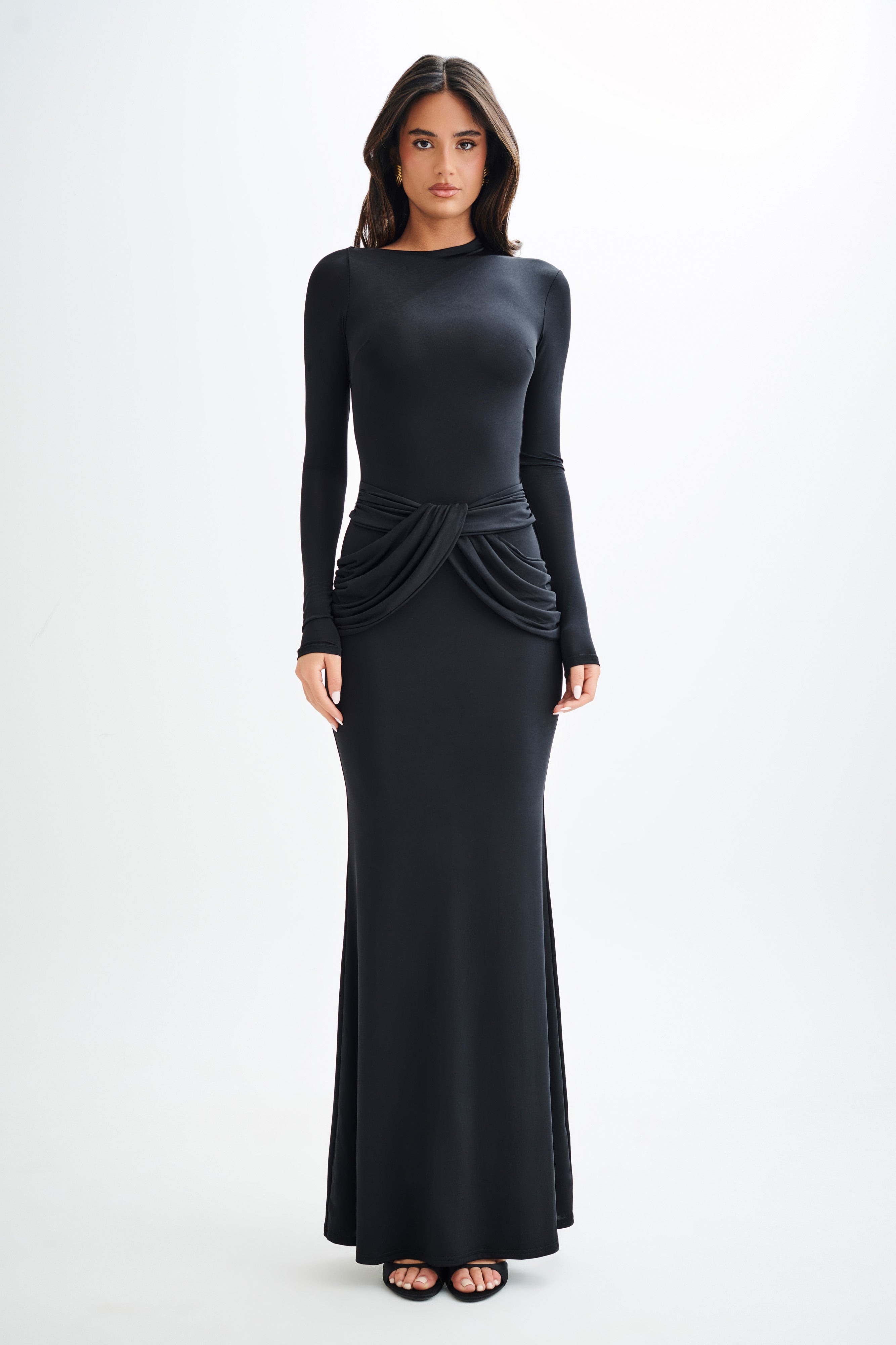 Elegant Long Sleeve Maxi Dress for Formal Events | Halcyon Black